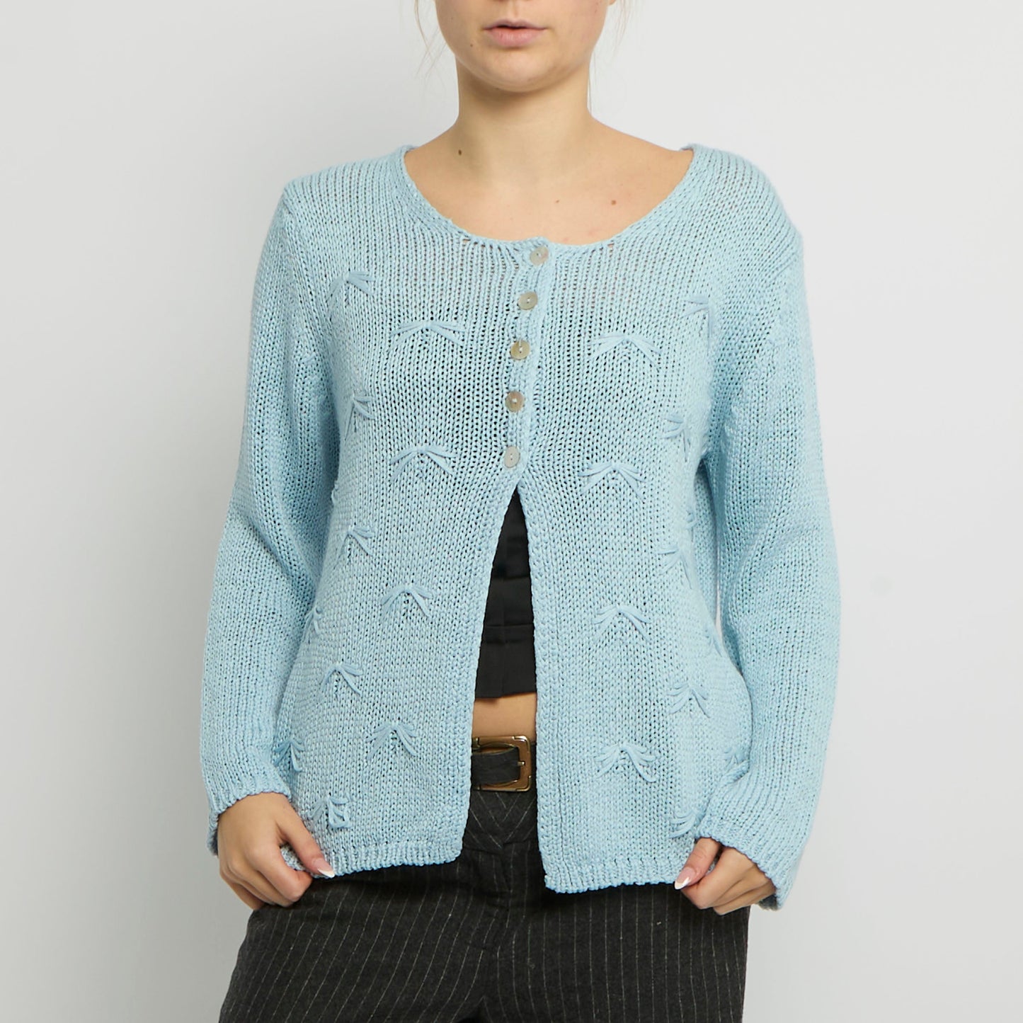 Bow Detail Crochet Knit Cardigan - UK 16