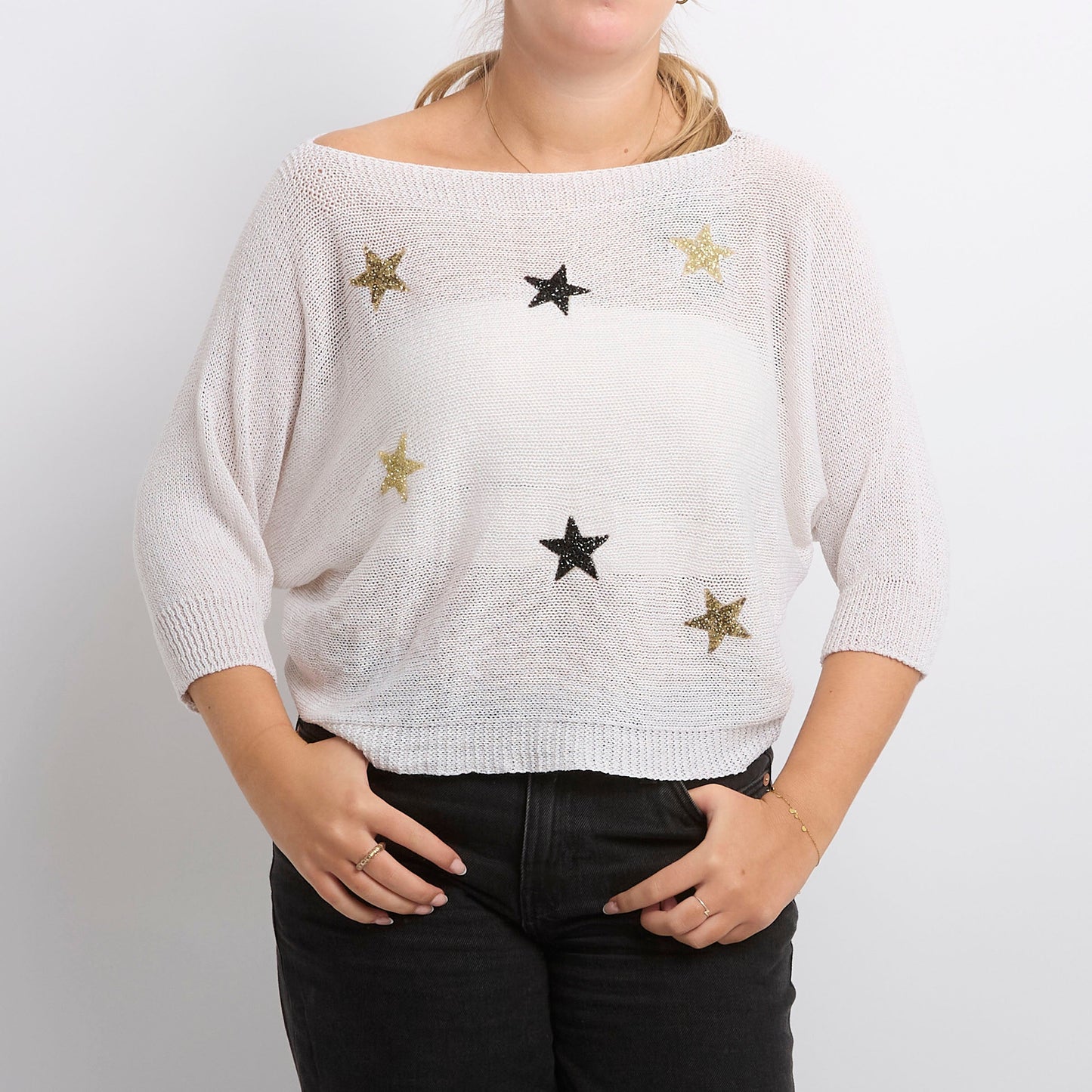 Star Detail Wide Neck Knitted Top - UK 16