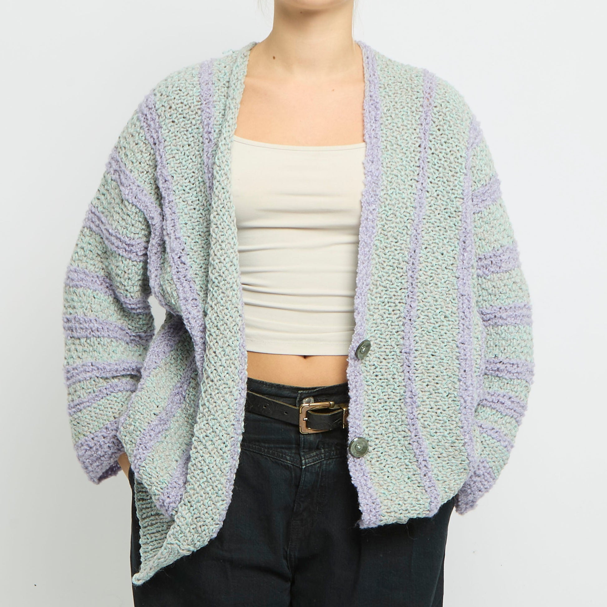 Striped V-Neck Heavy Knit Cardigan - UK 16