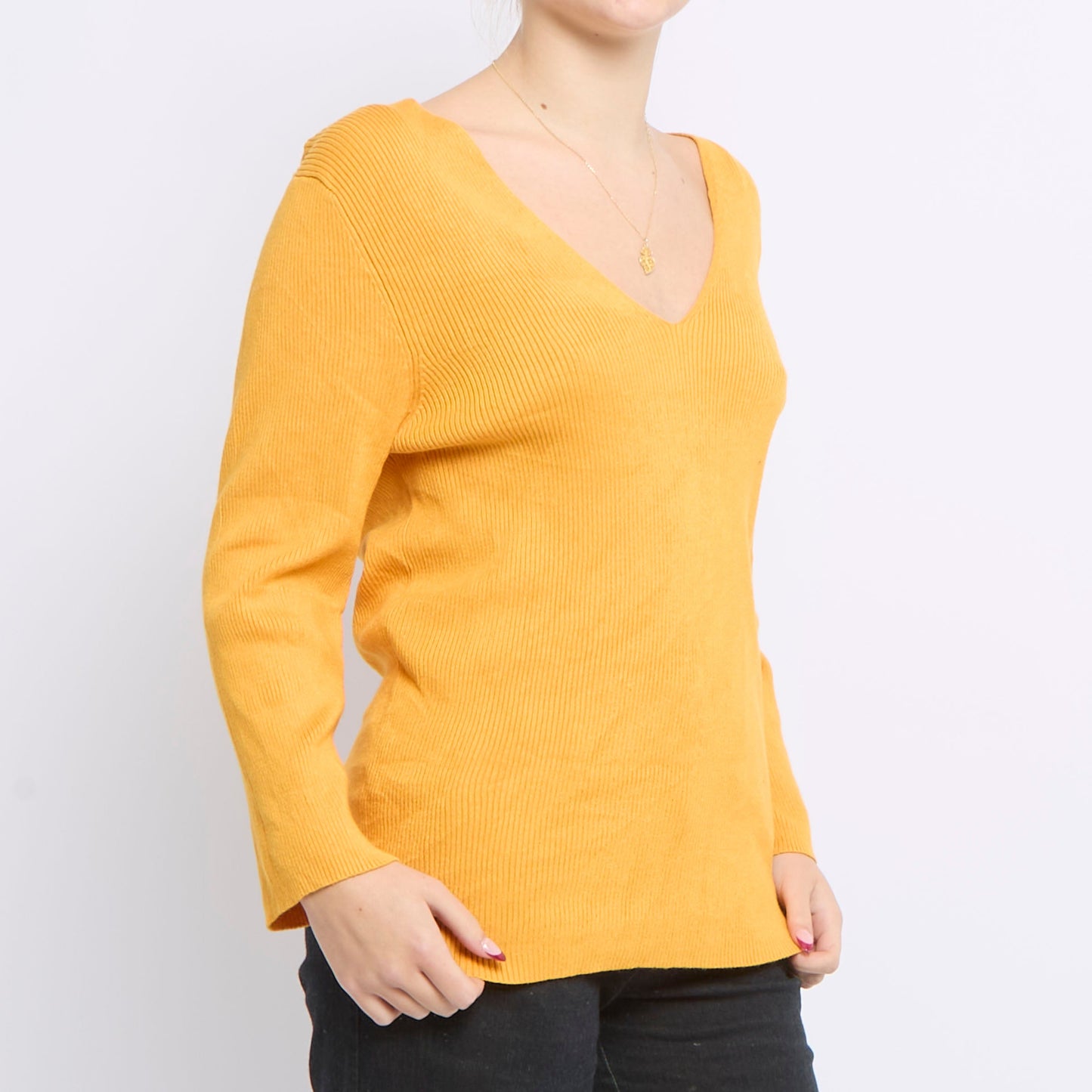 V-Neck Ribbed Knitted Sweater - UK 16