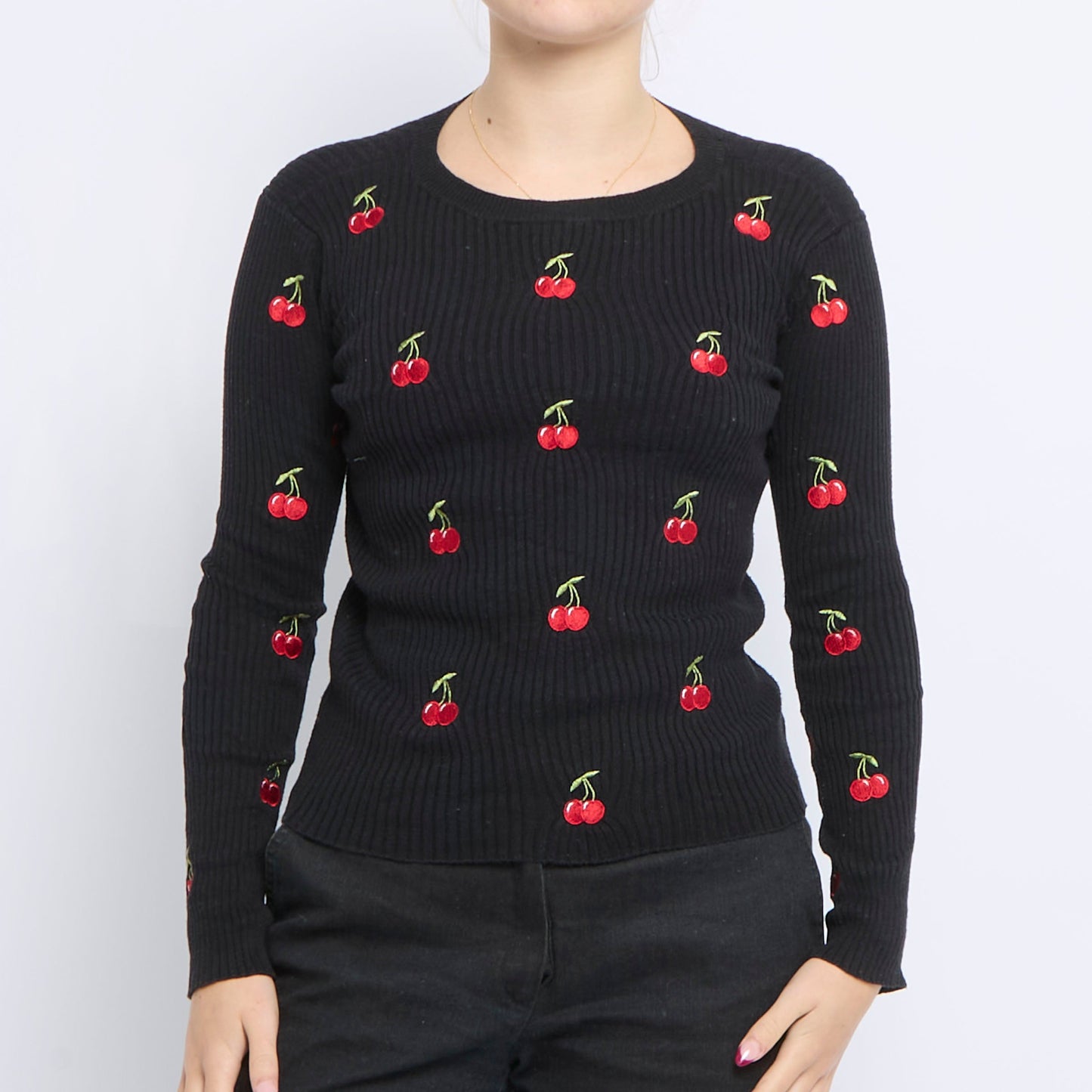 Cherry Detail Ribbed Crewneck Sweater - UK 4