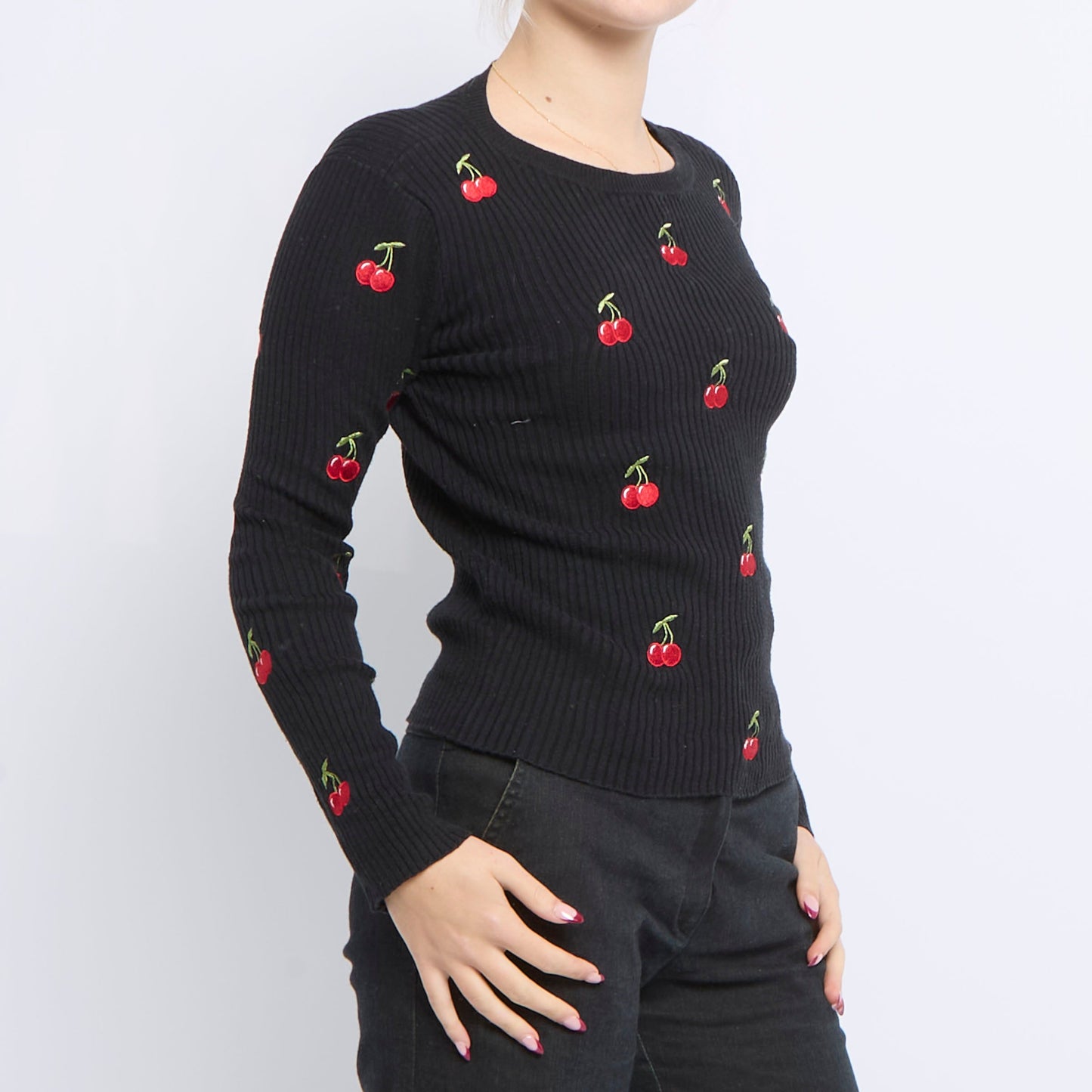 Cherry Detail Ribbed Crewneck Sweater - UK 4