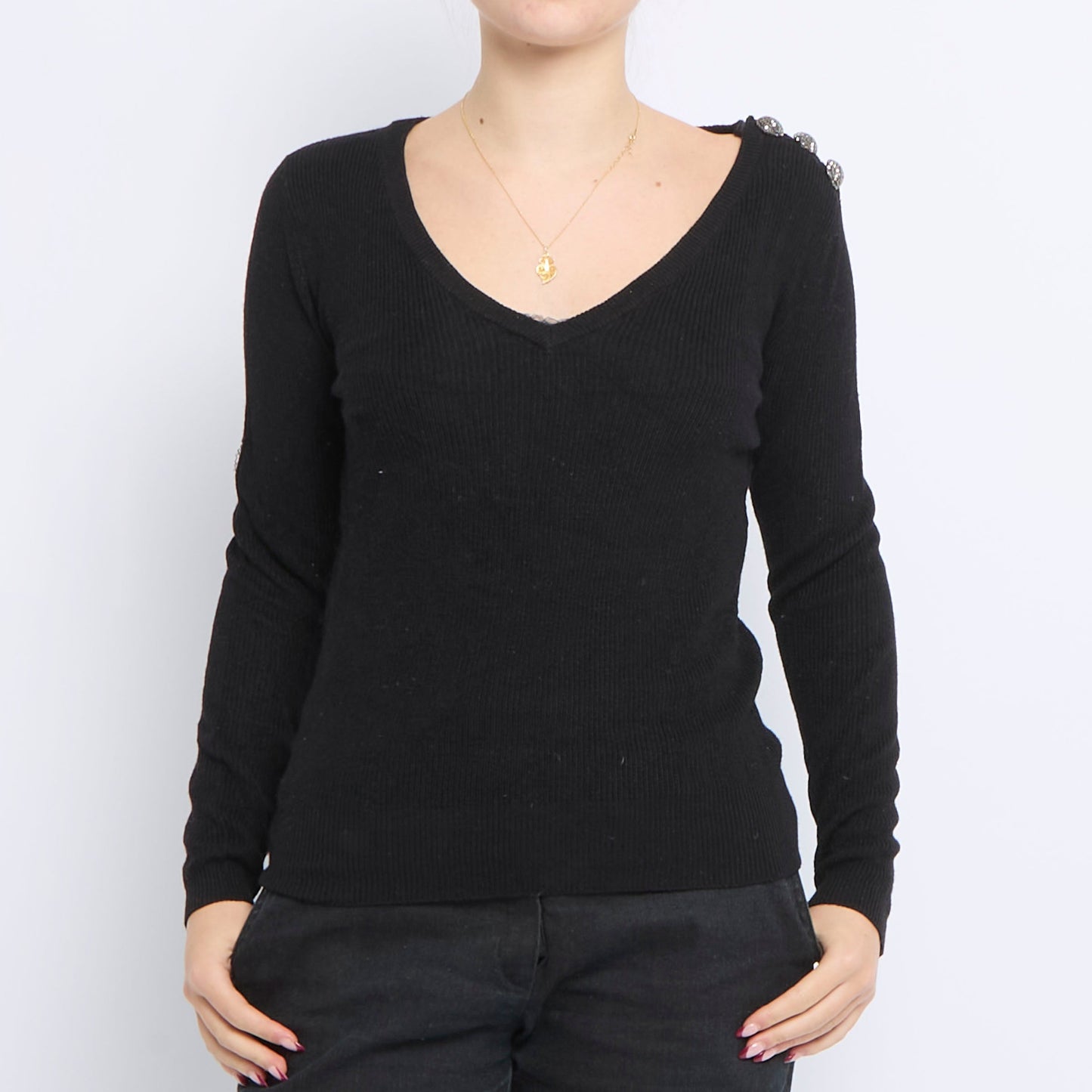 V-Neck Ribbed Knitted Sweater - UK 6