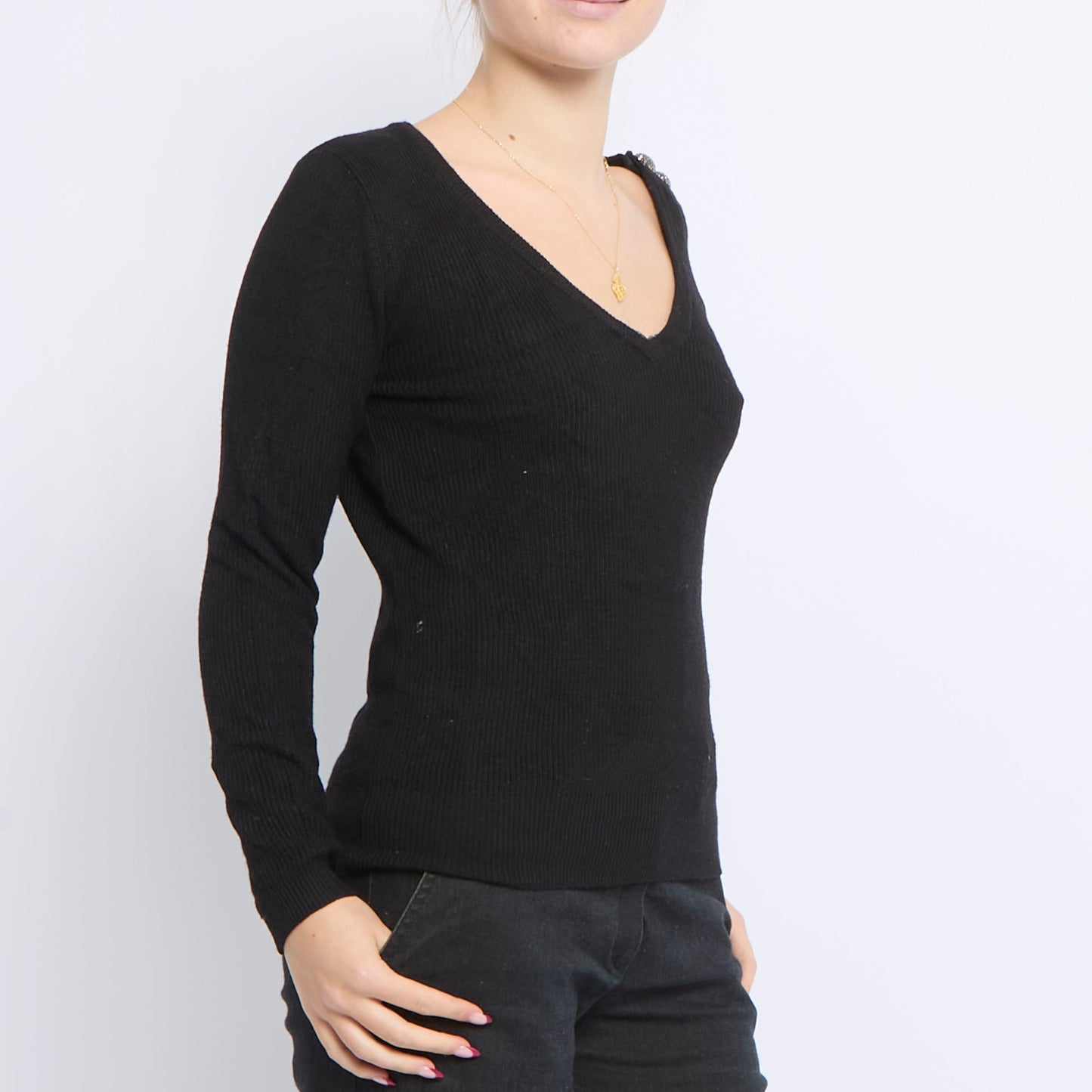 V-Neck Ribbed Knitted Sweater - UK 6