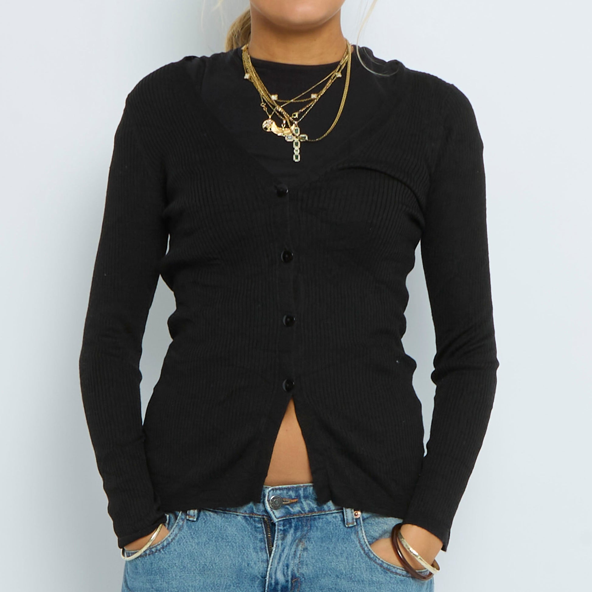 Ribbed V-Neck Buttoned Sweater - UK 6