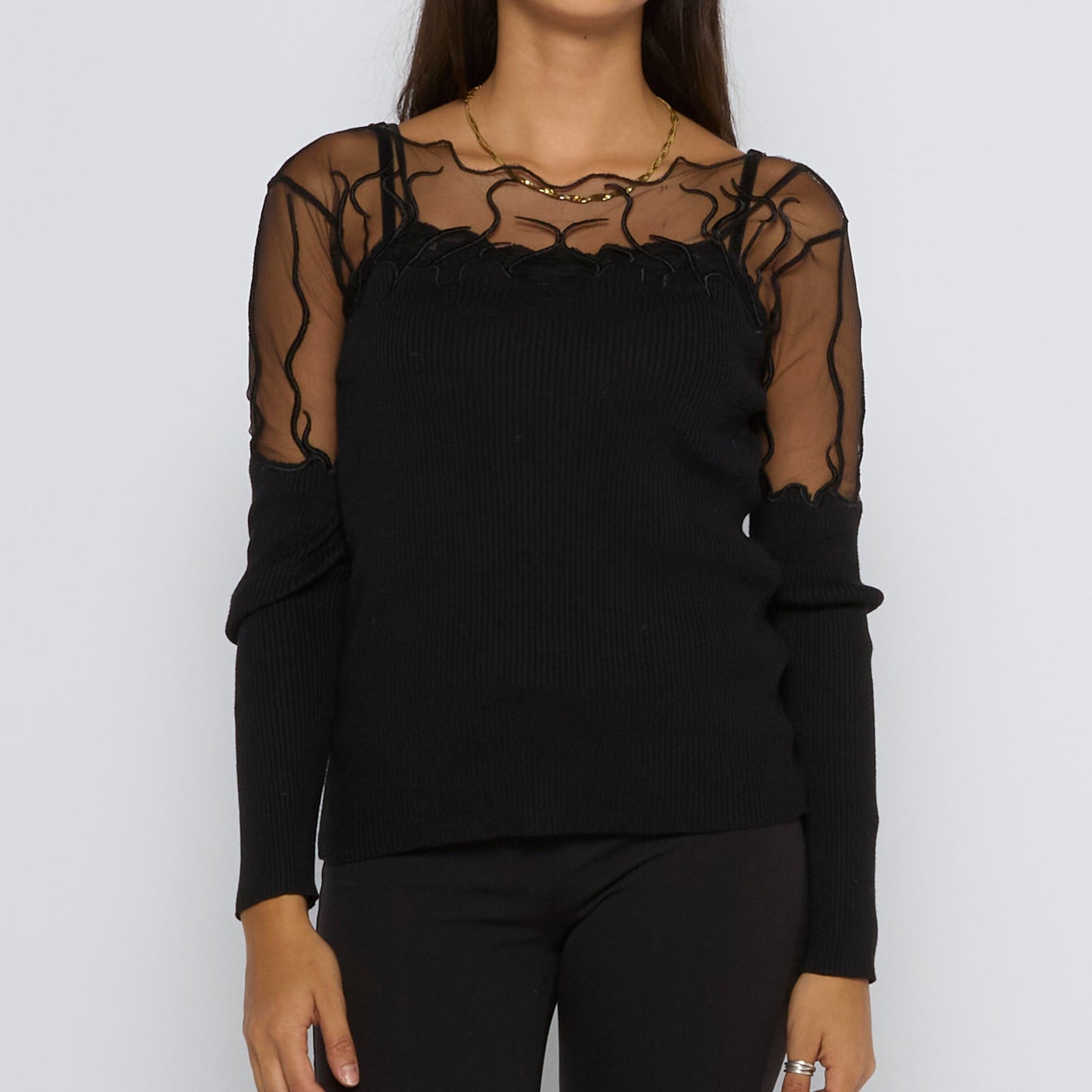 Ribbed Mesh Fine Knit Top - UK 6