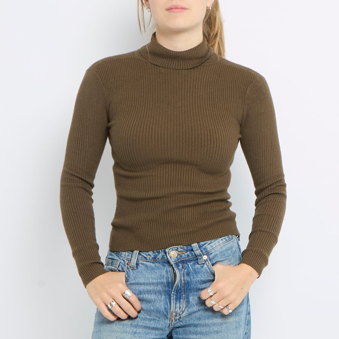 Ribbed Turtle Neck Long Sleeve Knitted Crop Top - UK 6