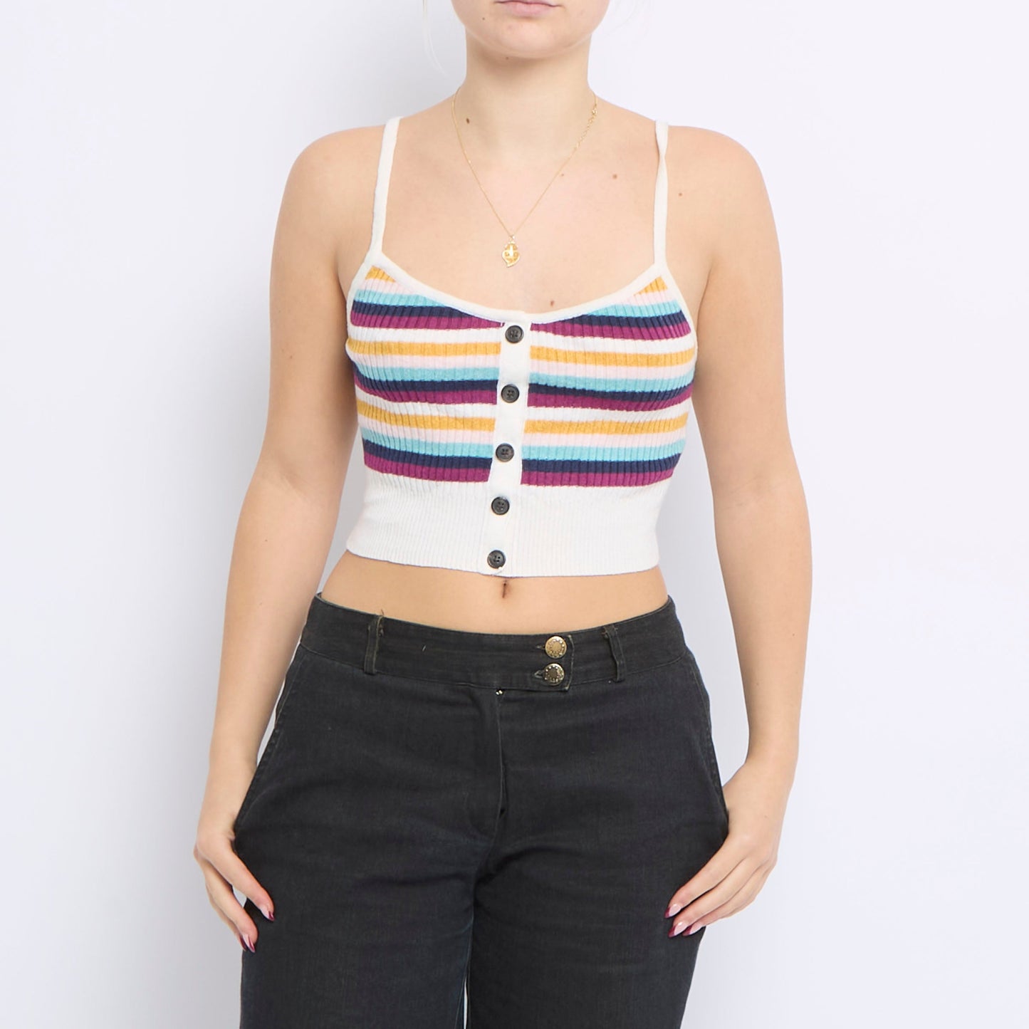 Strappy Striped Ribbed Knitted Top - UK 6