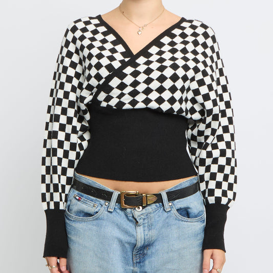 Checked V-Neck Wrap Style Sweater - UK 6