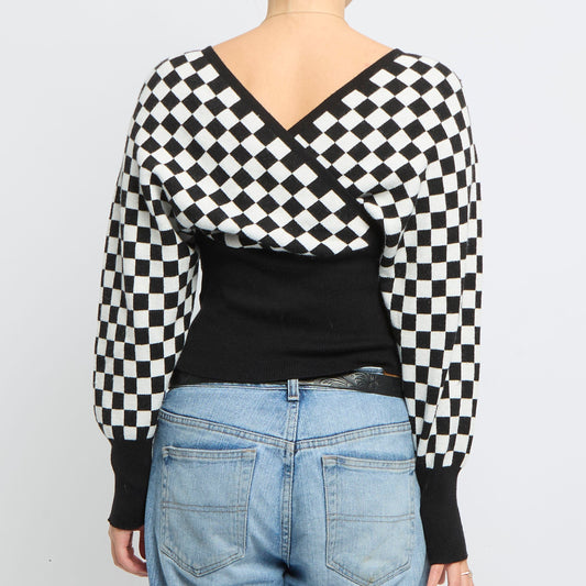 Checked V-Neck Wrap Style Sweater - UK 6