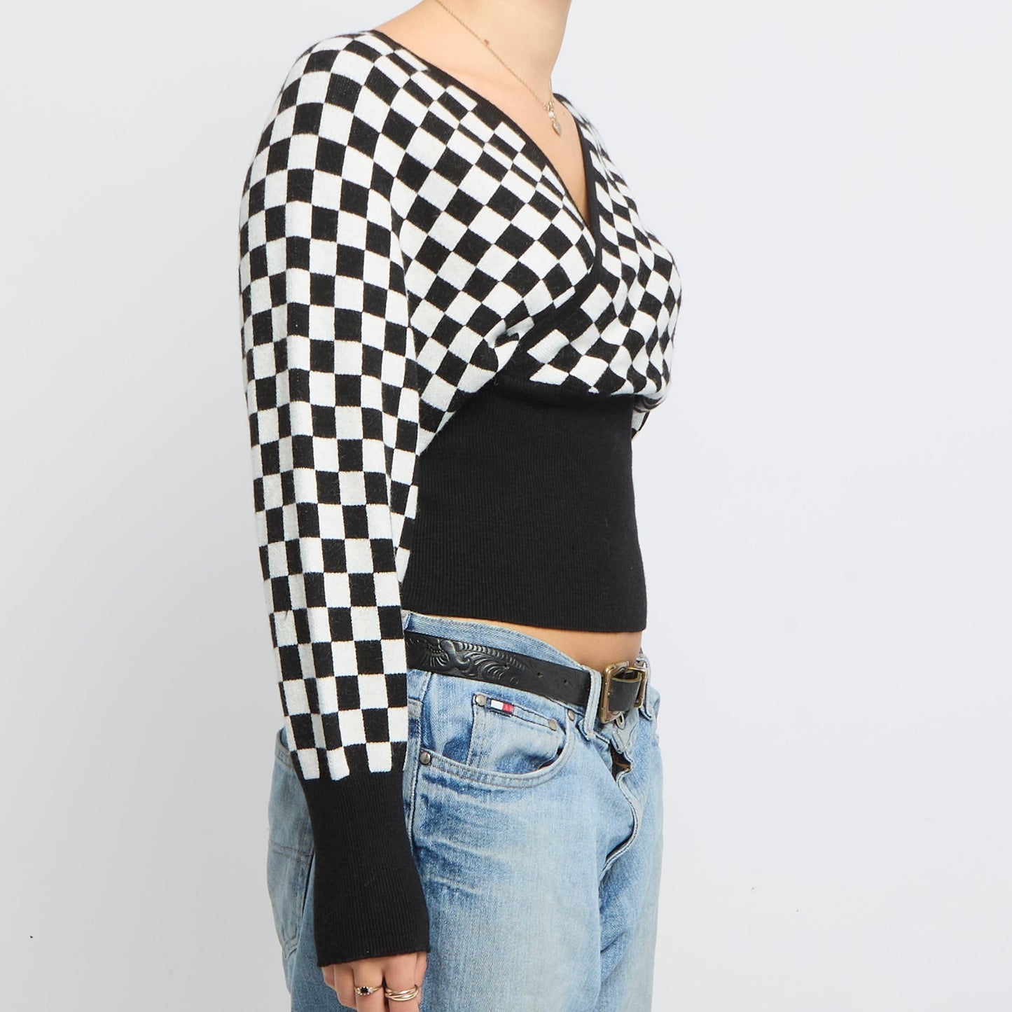 Checked V-Neck Wrap Style Sweater - UK 6