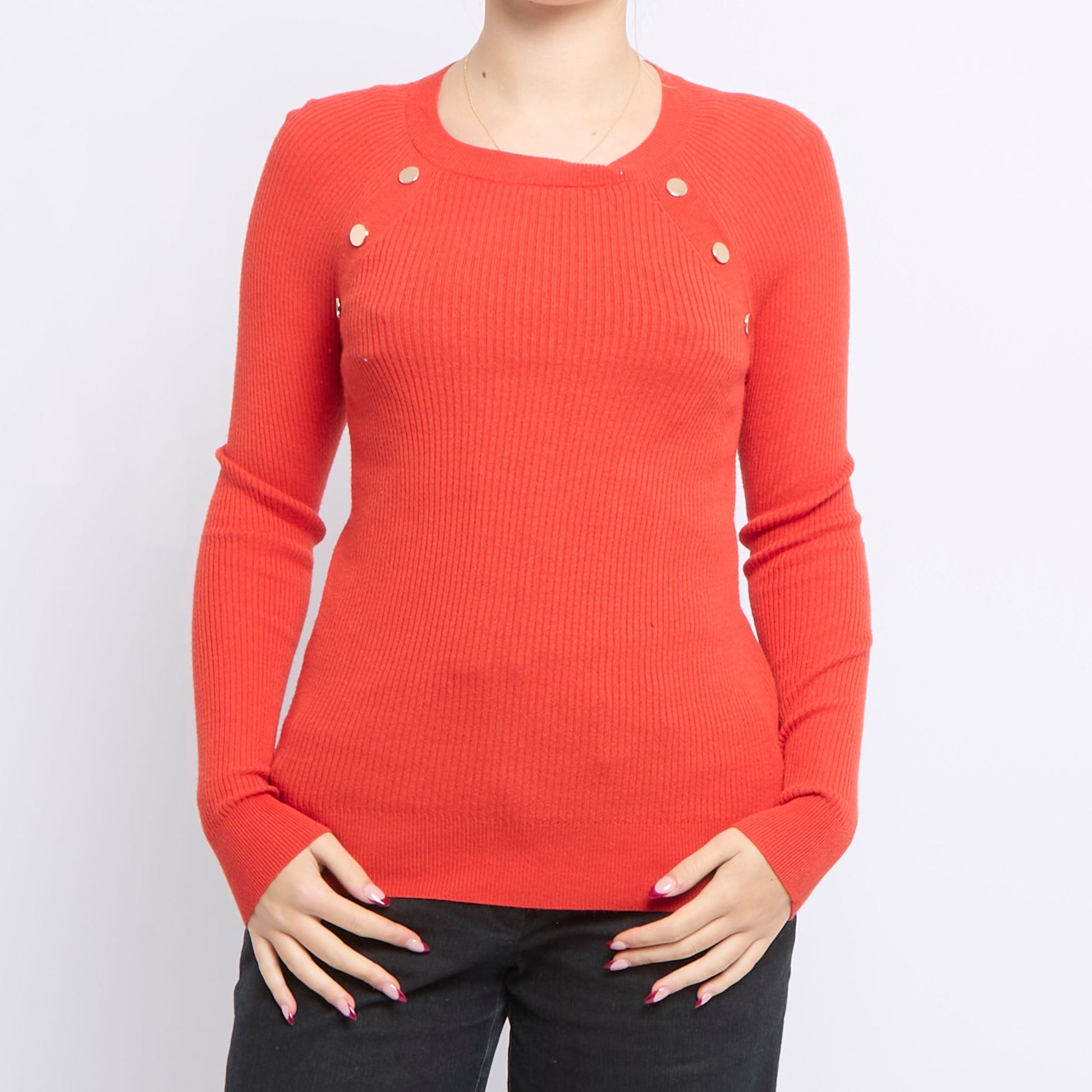 Fine Knit Ribbed Button Detail Sweater - UK 6