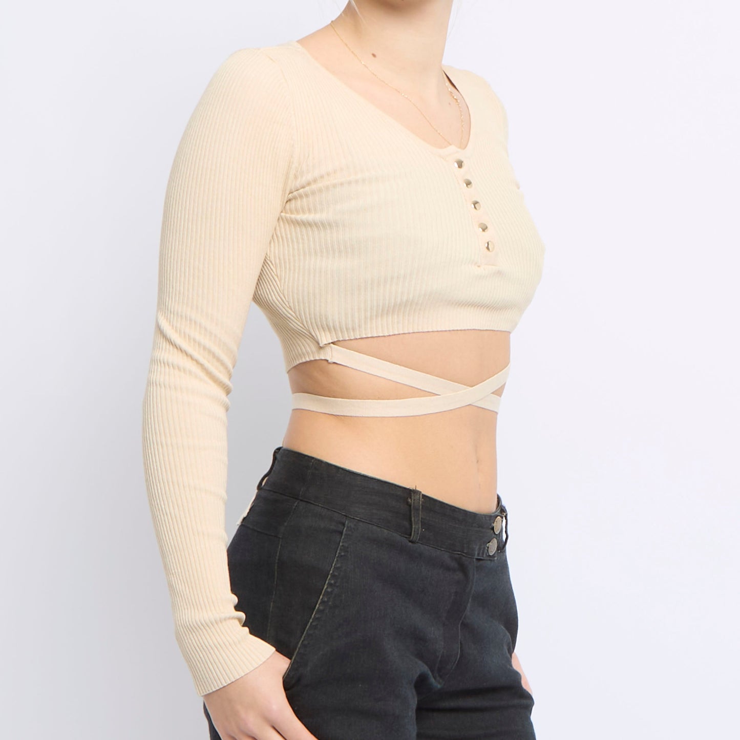 Ribbed Bow Detail V-Neck Top - UK 8