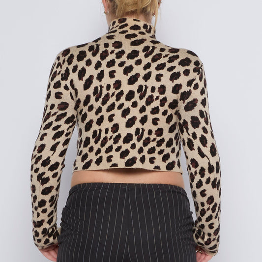 Leopard  Cropped Turtleneck Jumper - UK 8