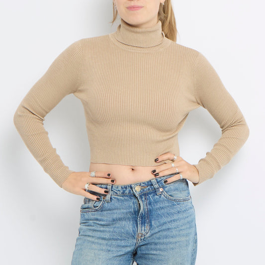 Ribbed Turtle Neck Long Sleeve Knitted Crop Top - UK 8