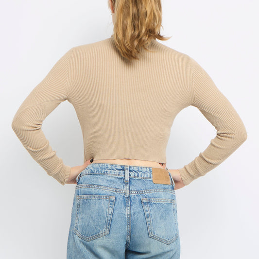 Ribbed Turtle Neck Long Sleeve Knitted Crop Top - UK 8