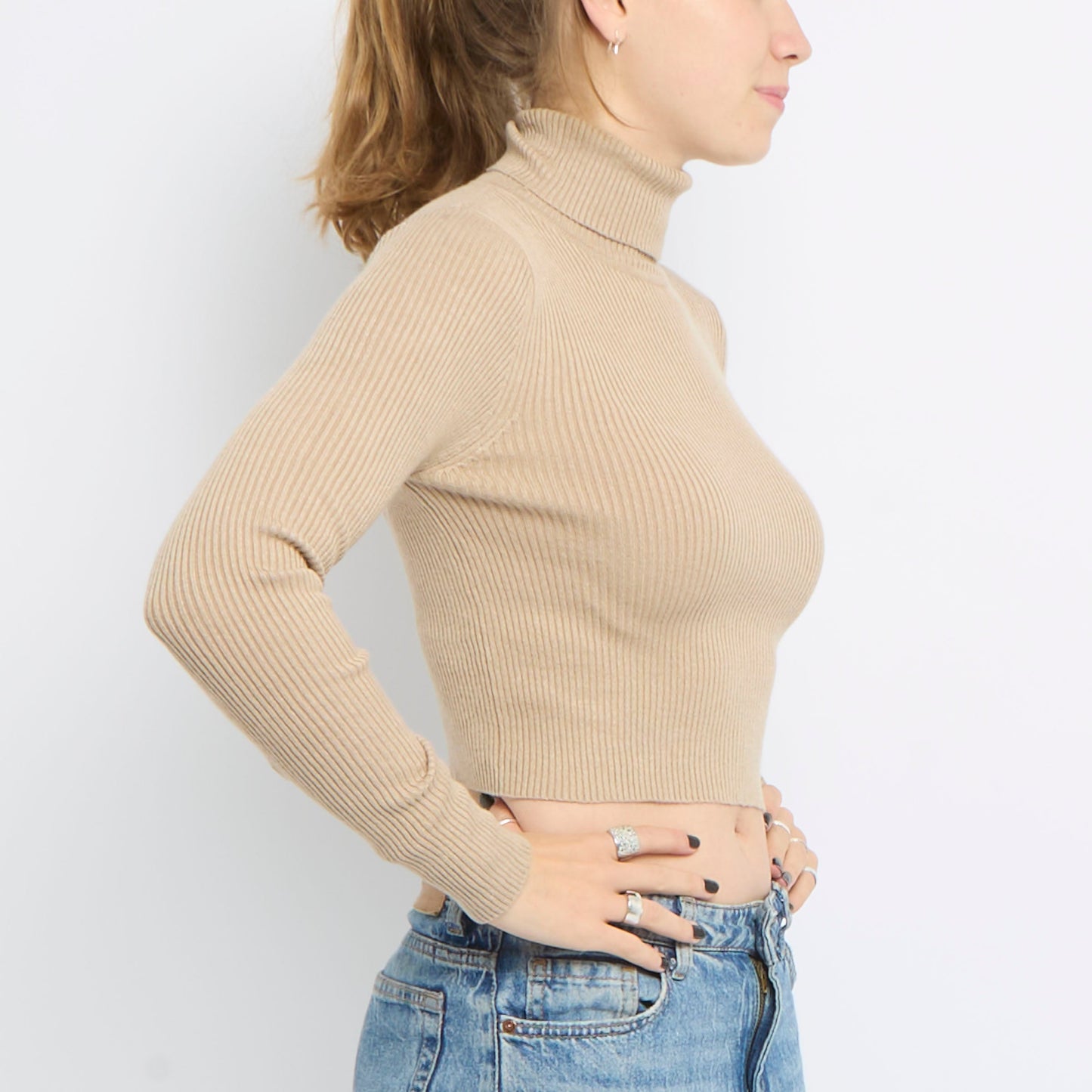 Ribbed Turtle Neck Long Sleeve Knitted Crop Top - UK 8