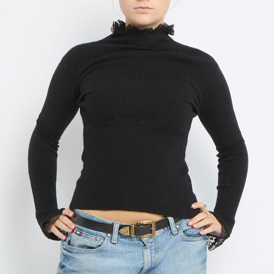 Lace Trim Turtle Neck Knitted Top - UK 8