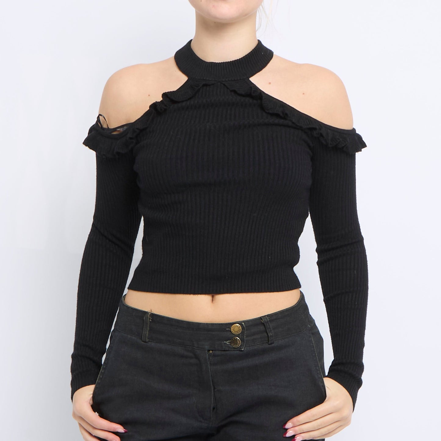 Shoulderless Ribbed Longsleeve Knitted Top - UK 8