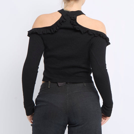 Shoulderless Ribbed Longsleeve Knitted Top - UK 8