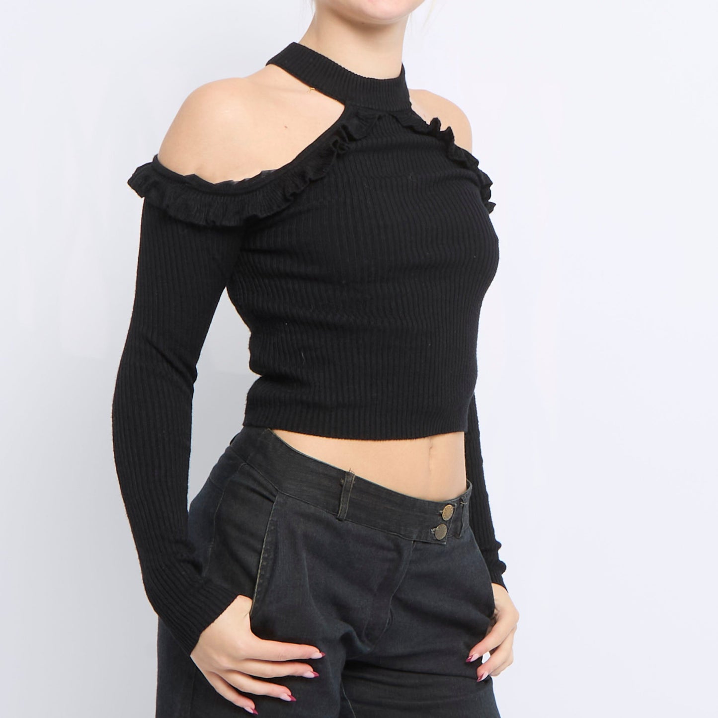 Shoulderless Ribbed Longsleeve Knitted Top - UK 8