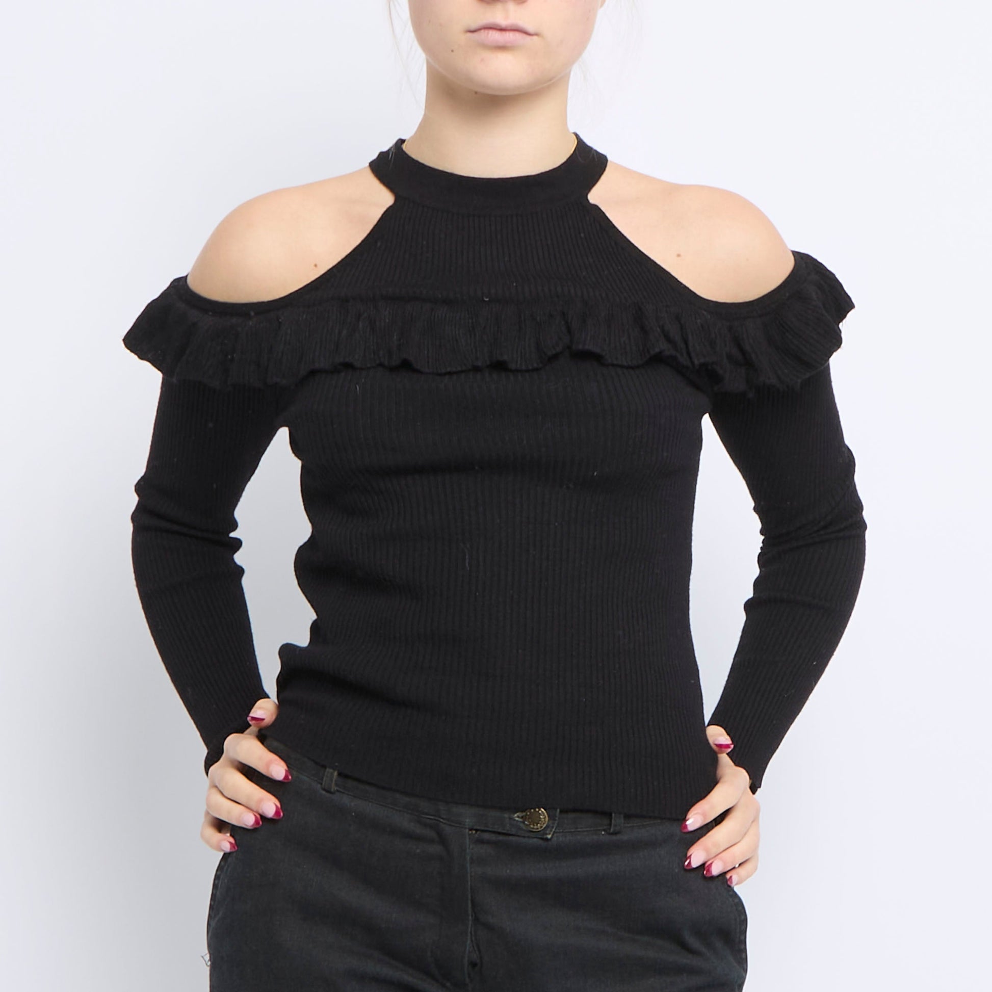 Shoulderless Frill Detail Ribbed Top - UK 8