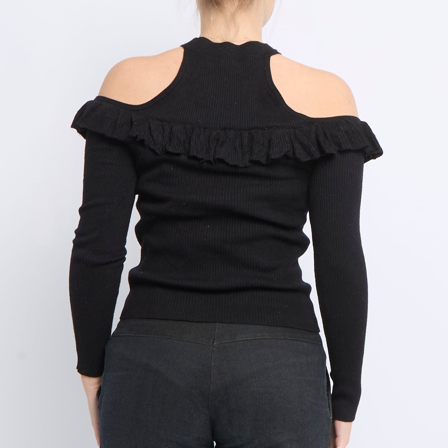 Shoulderless Frill Detail Ribbed Top - UK 8