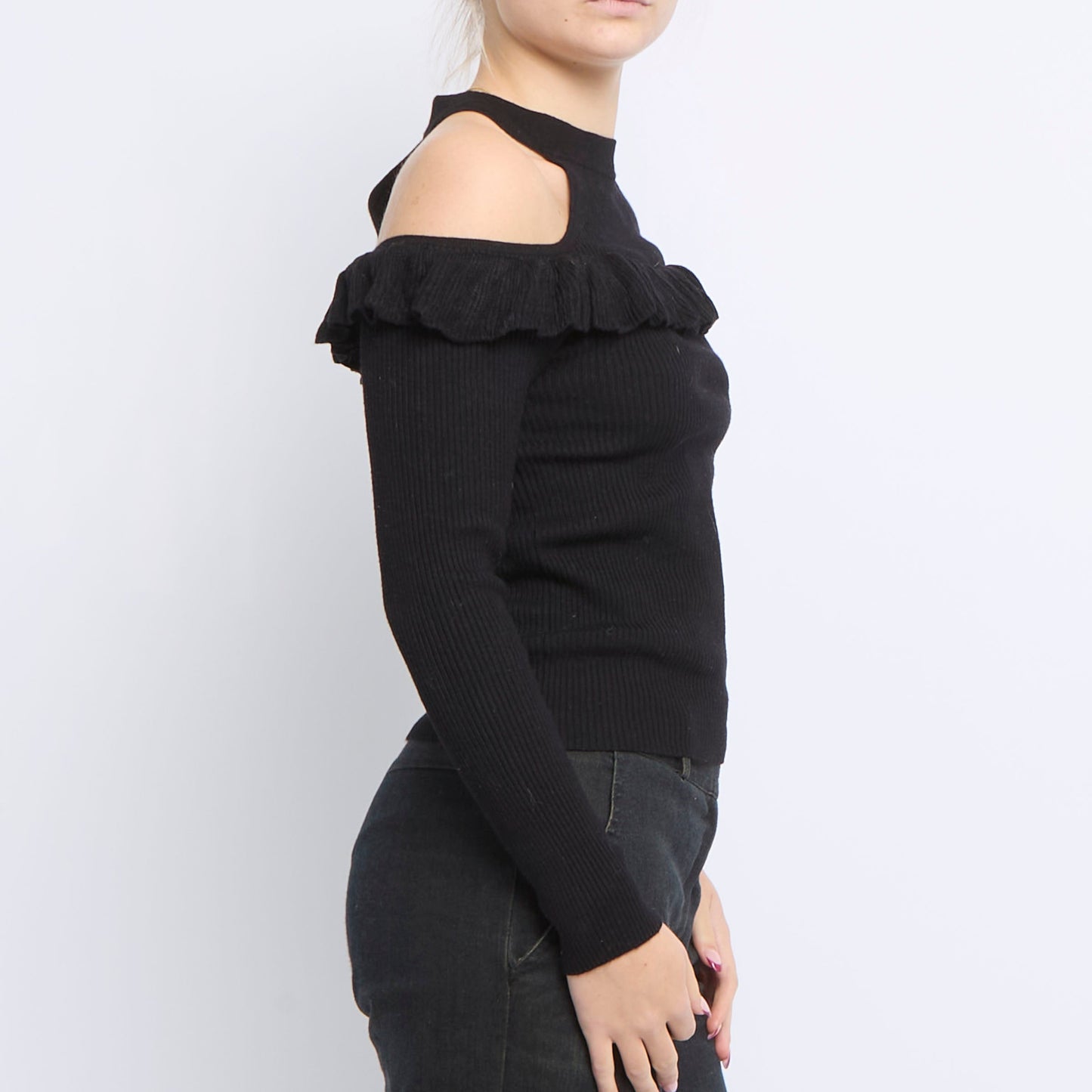 Shoulderless Frill Detail Ribbed Top - UK 8