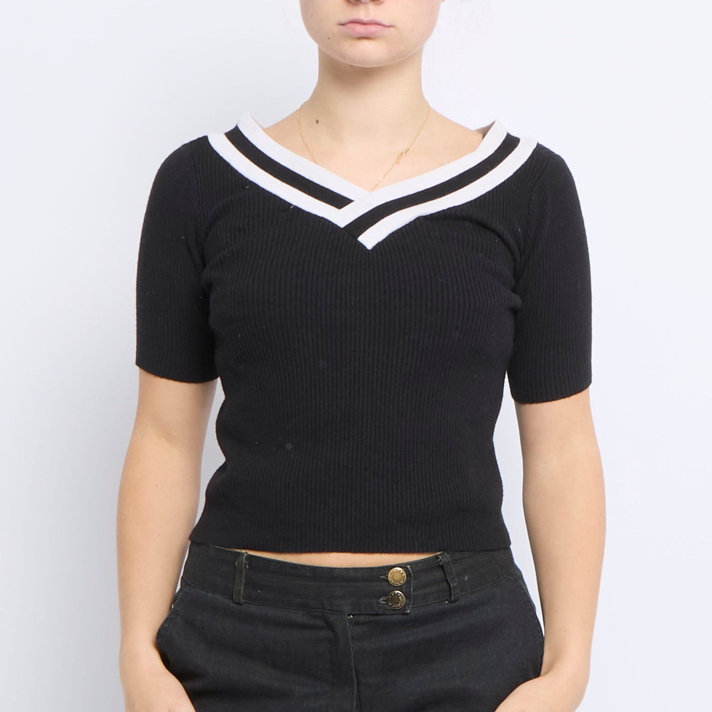 V-Neck Ribbed Shortsleeve Top - UK 8