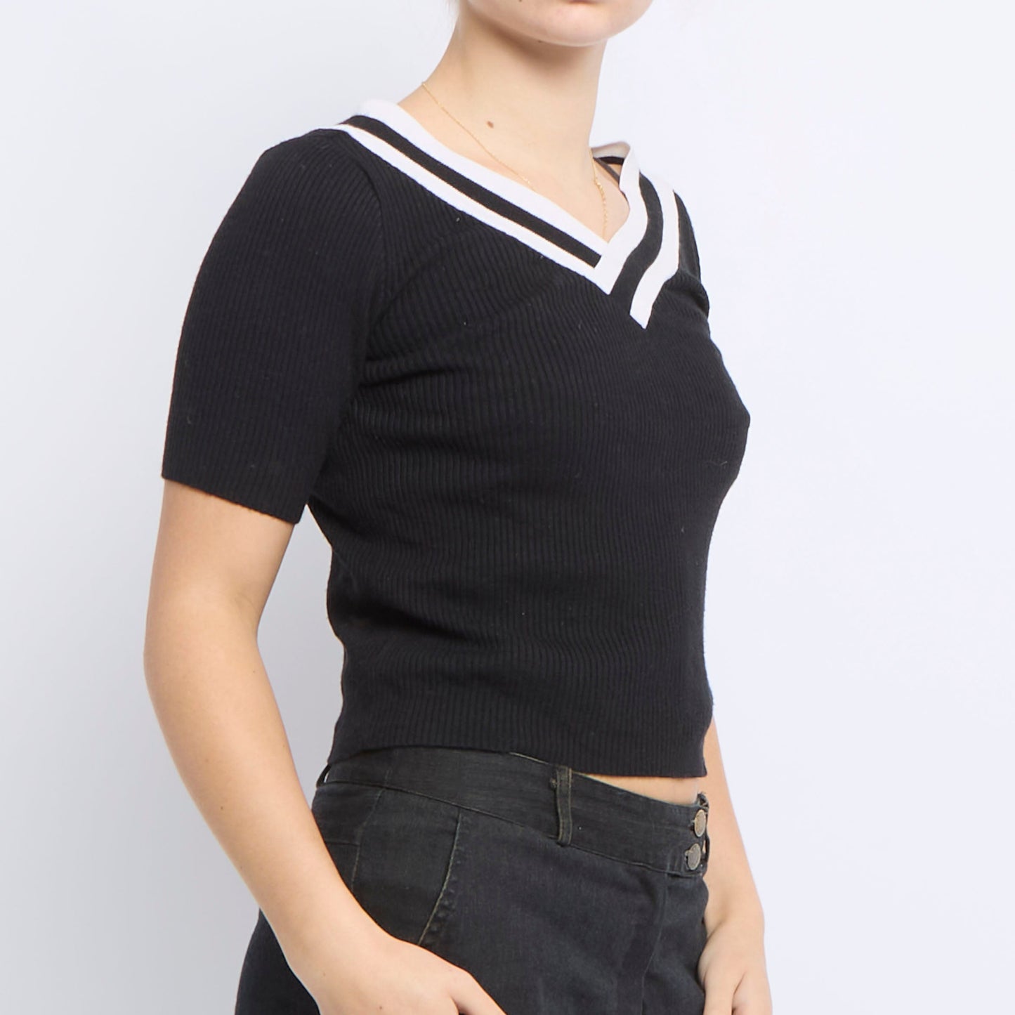 V-Neck Ribbed Shortsleeve Top - UK 8