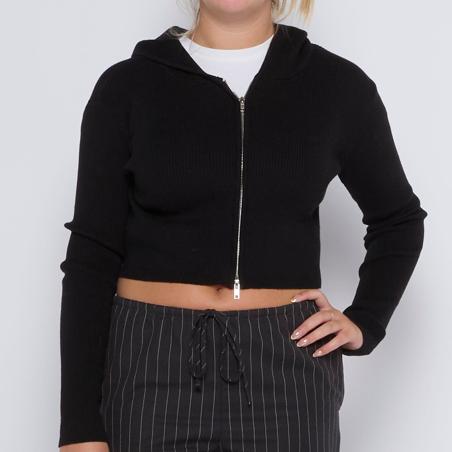 Hooded Cropped Ribbed Sweater - UK 8