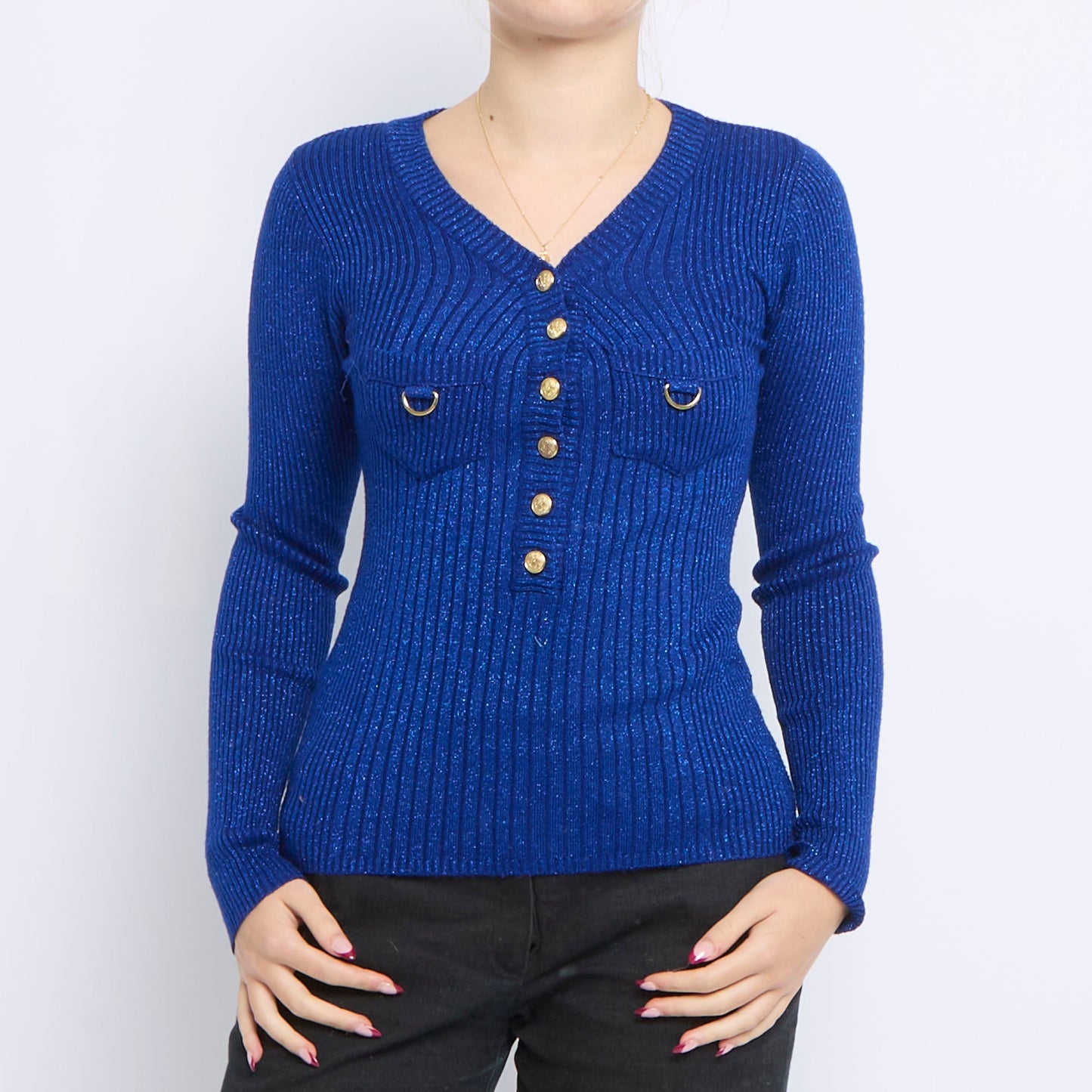 Button Detail V-Neck Spakly Ribbed Sweater - UK 8