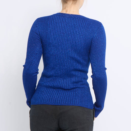 Button Detail V-Neck Spakly Ribbed Sweater - UK 8