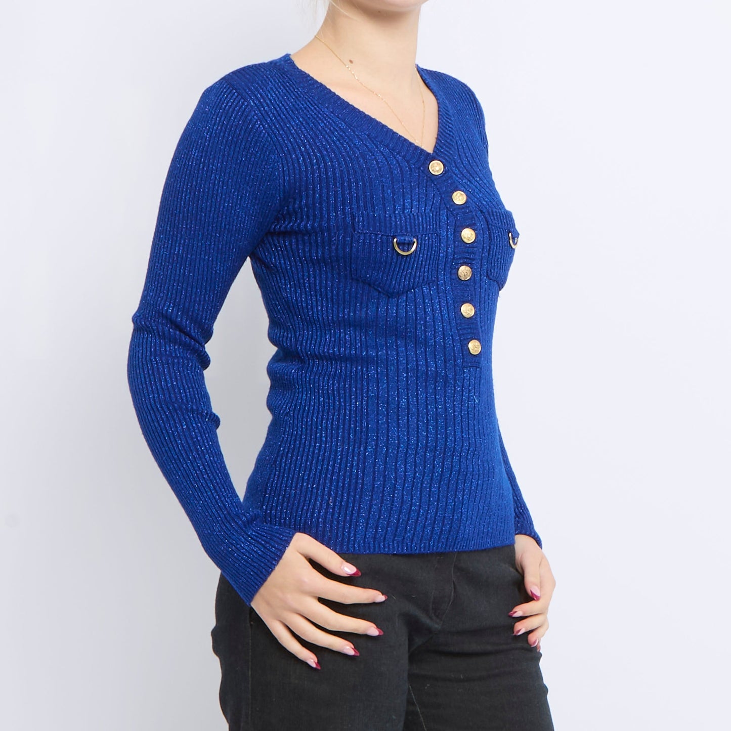 Button Detail V-Neck Spakly Ribbed Sweater - UK 8