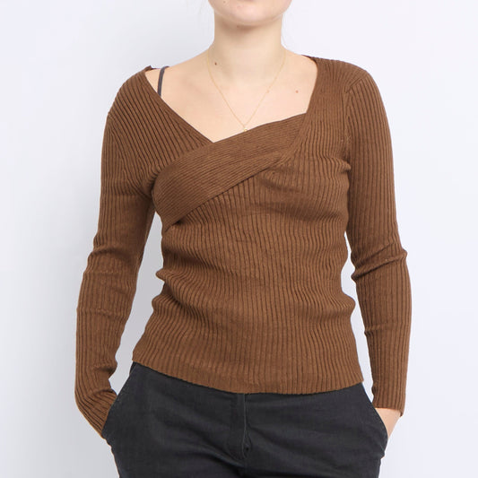 V-Neck Ribbed Knitted Sweater - UK 8