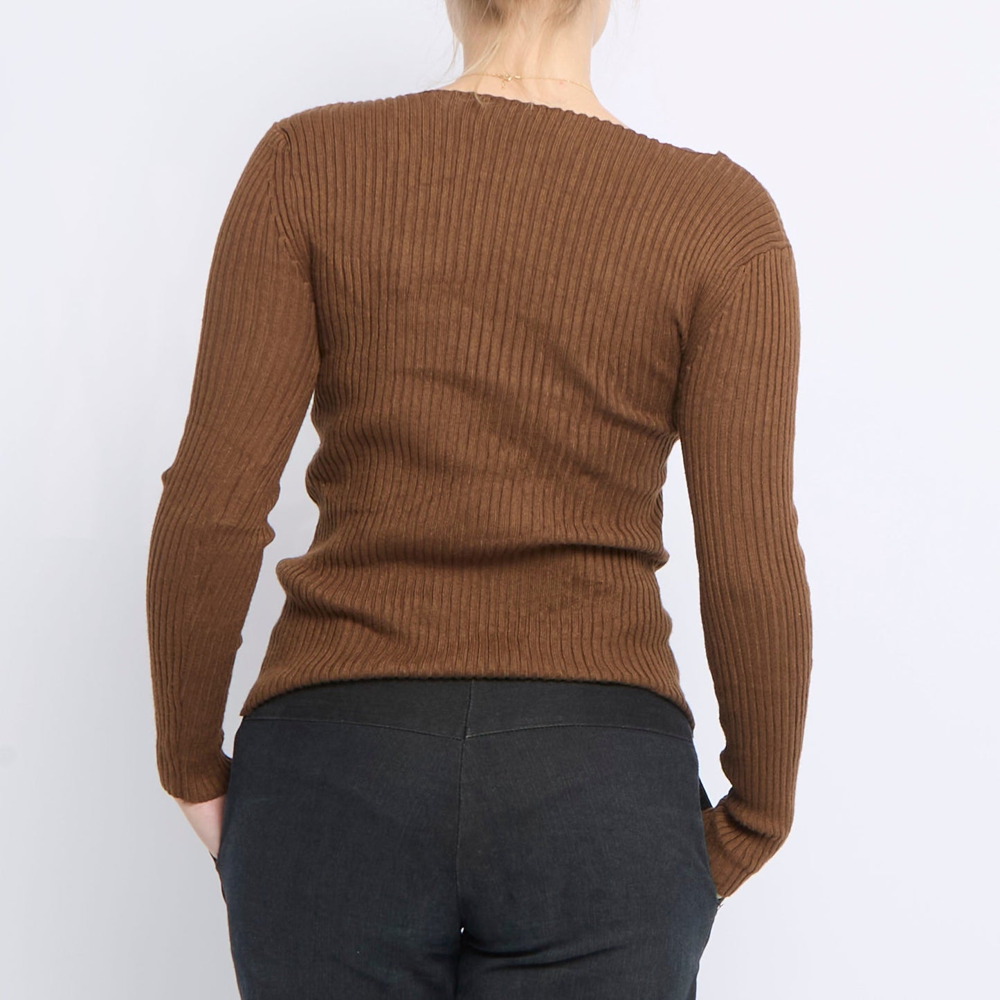 V-Neck Ribbed Knitted Sweater - UK 8