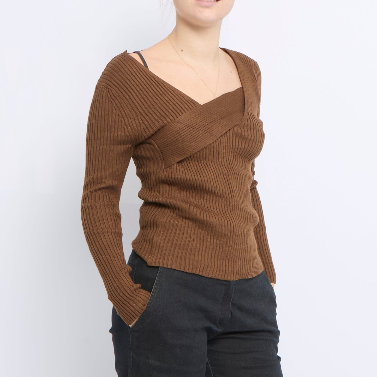 V-Neck Ribbed Knitted Sweater - UK 8