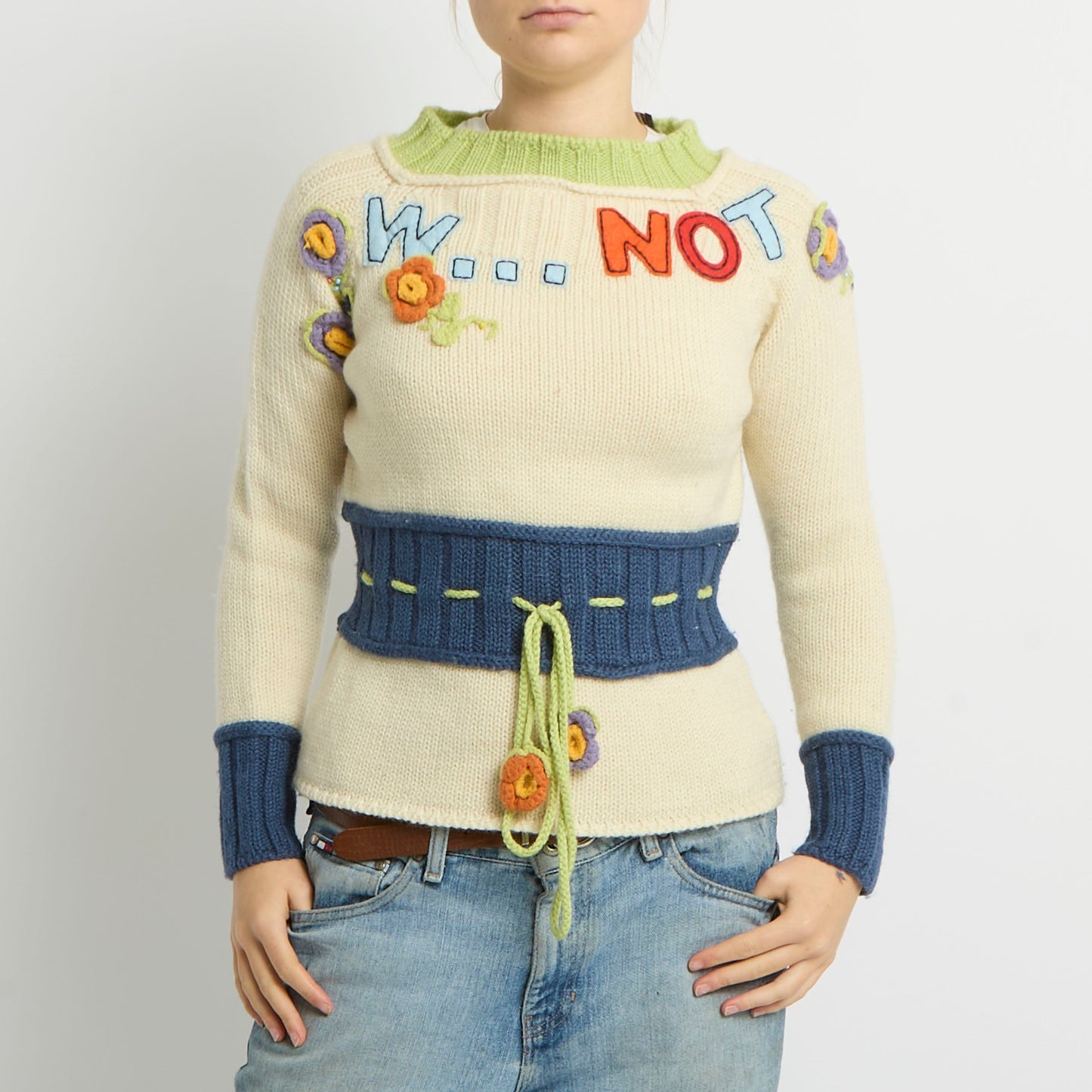 Embroidery Tie Waist Knit Sweater - UK 8