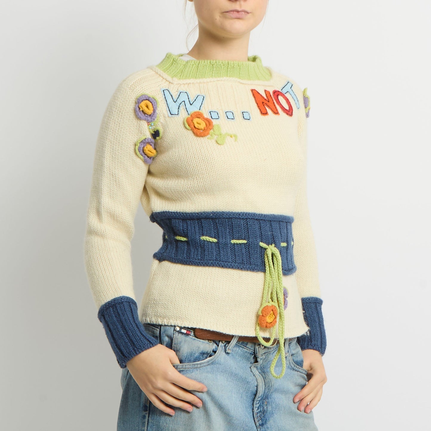 Embroidery Tie Waist Knit Sweater - UK 8