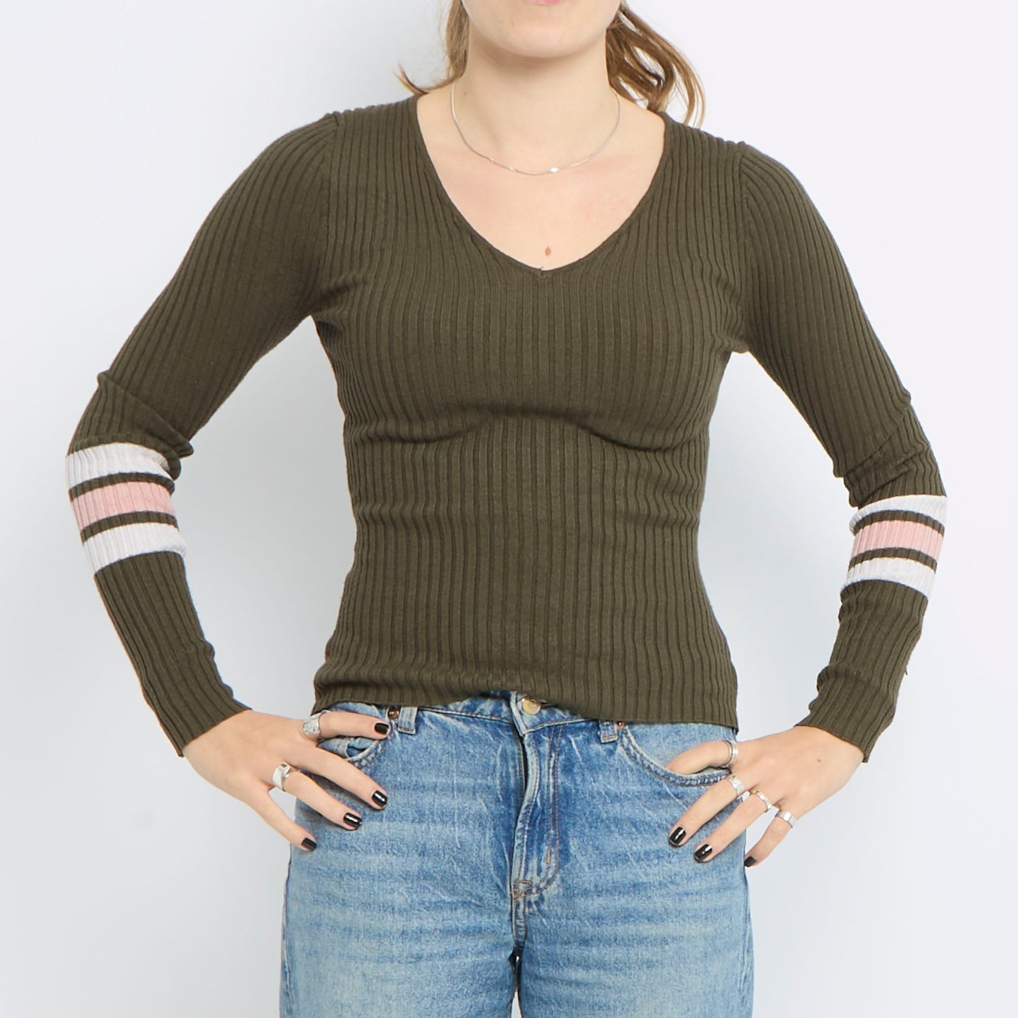 Lace Up Neck Detail Ribbed Long Sleeve Top - UK 8