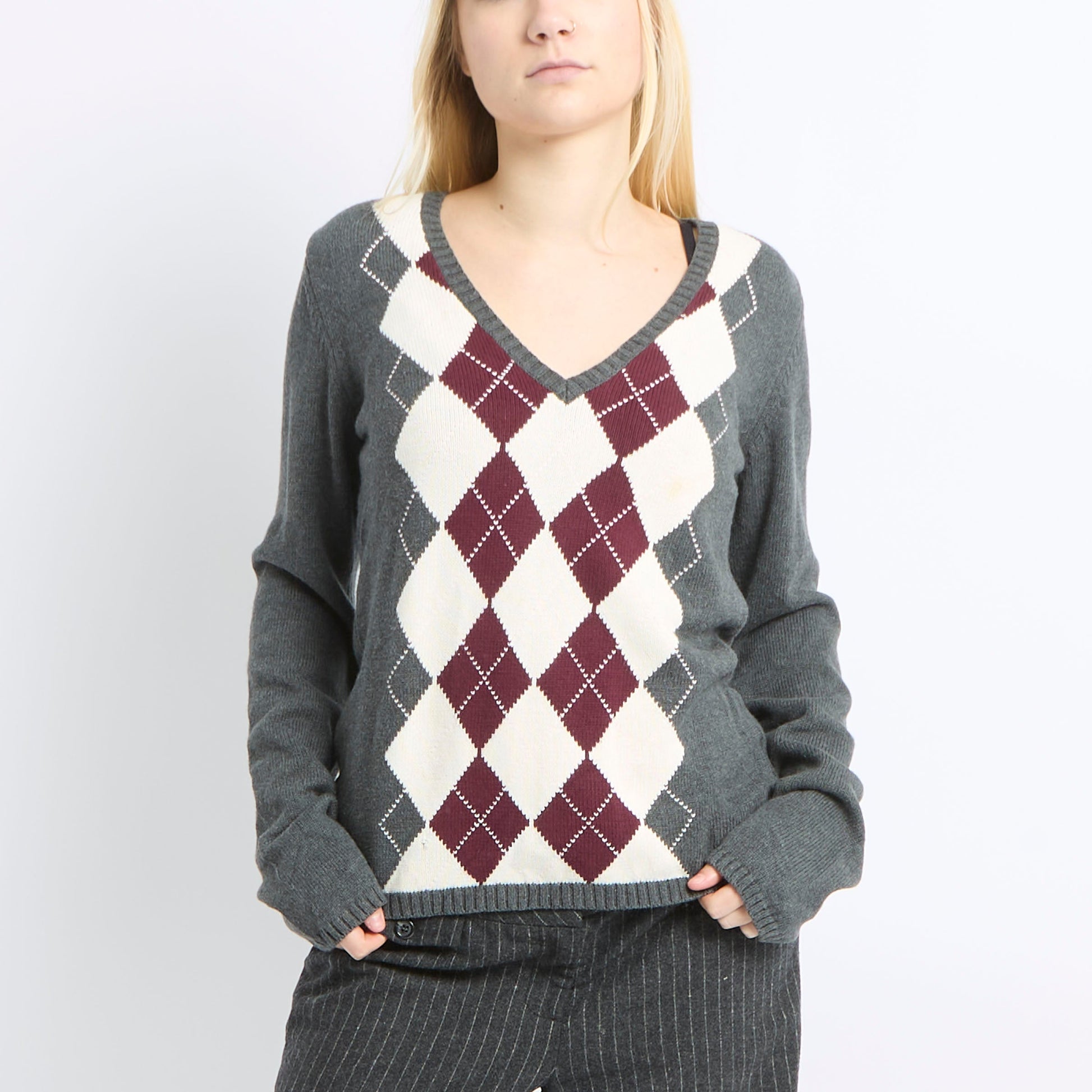 Tommy Hilfiger V-Neck Argyle Sweater - UK 8