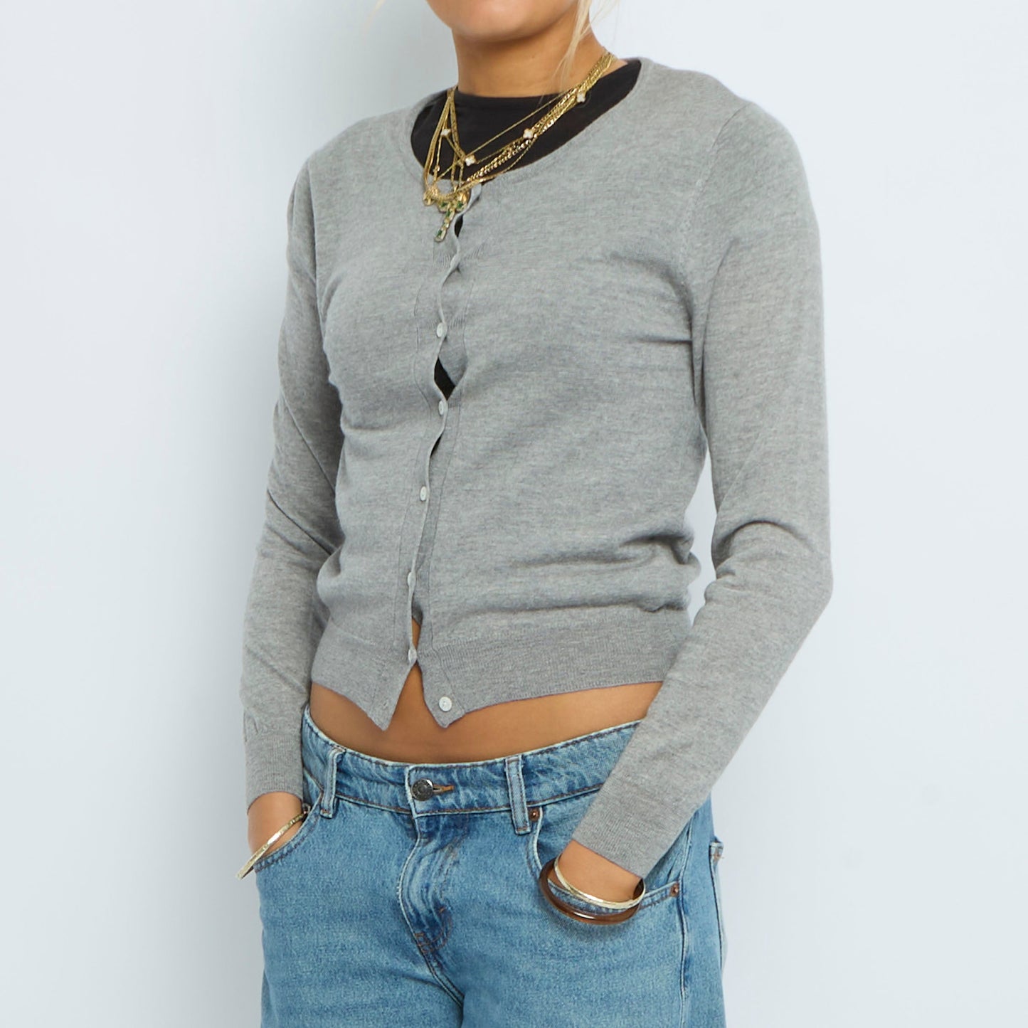 Crew Neck Buttoned Fine Knit - UK 8