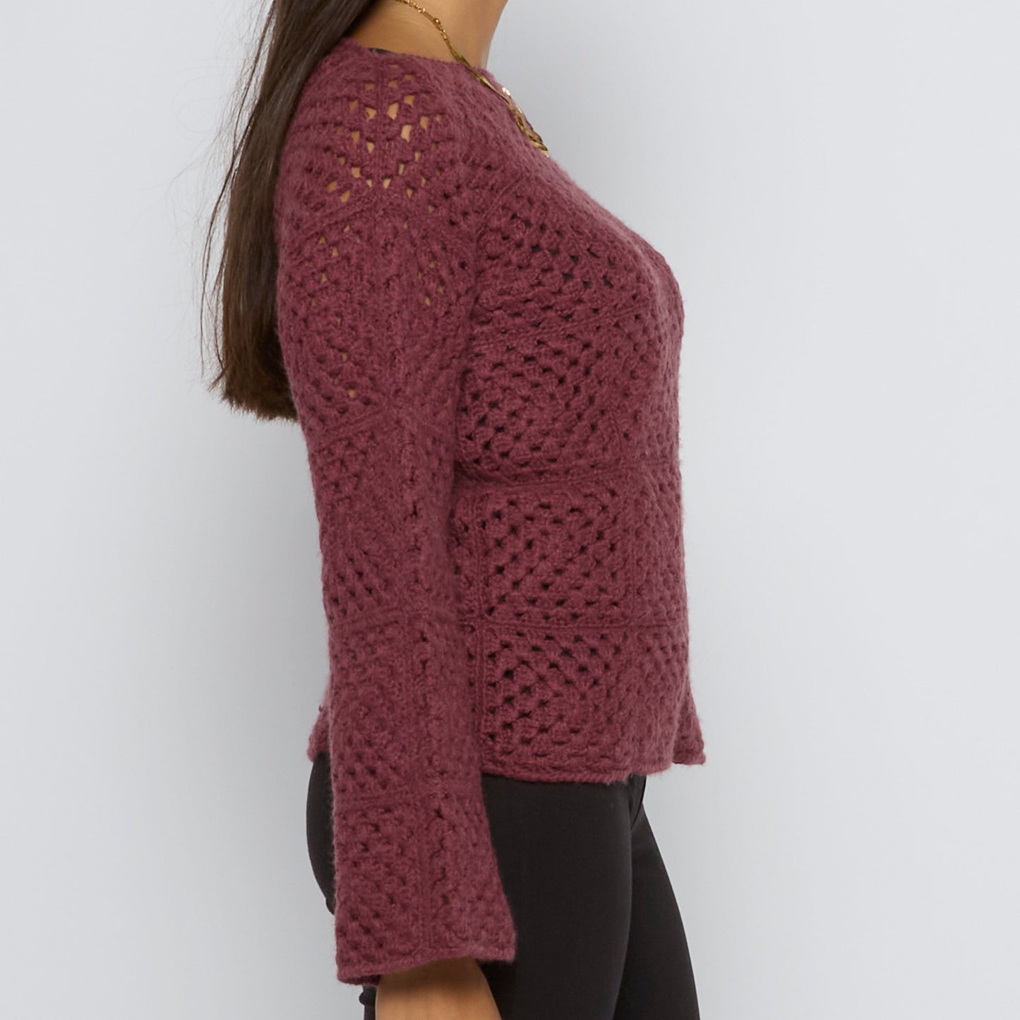 Crochet Square Pattern Sweater With Bell Sleeves  - UK 8