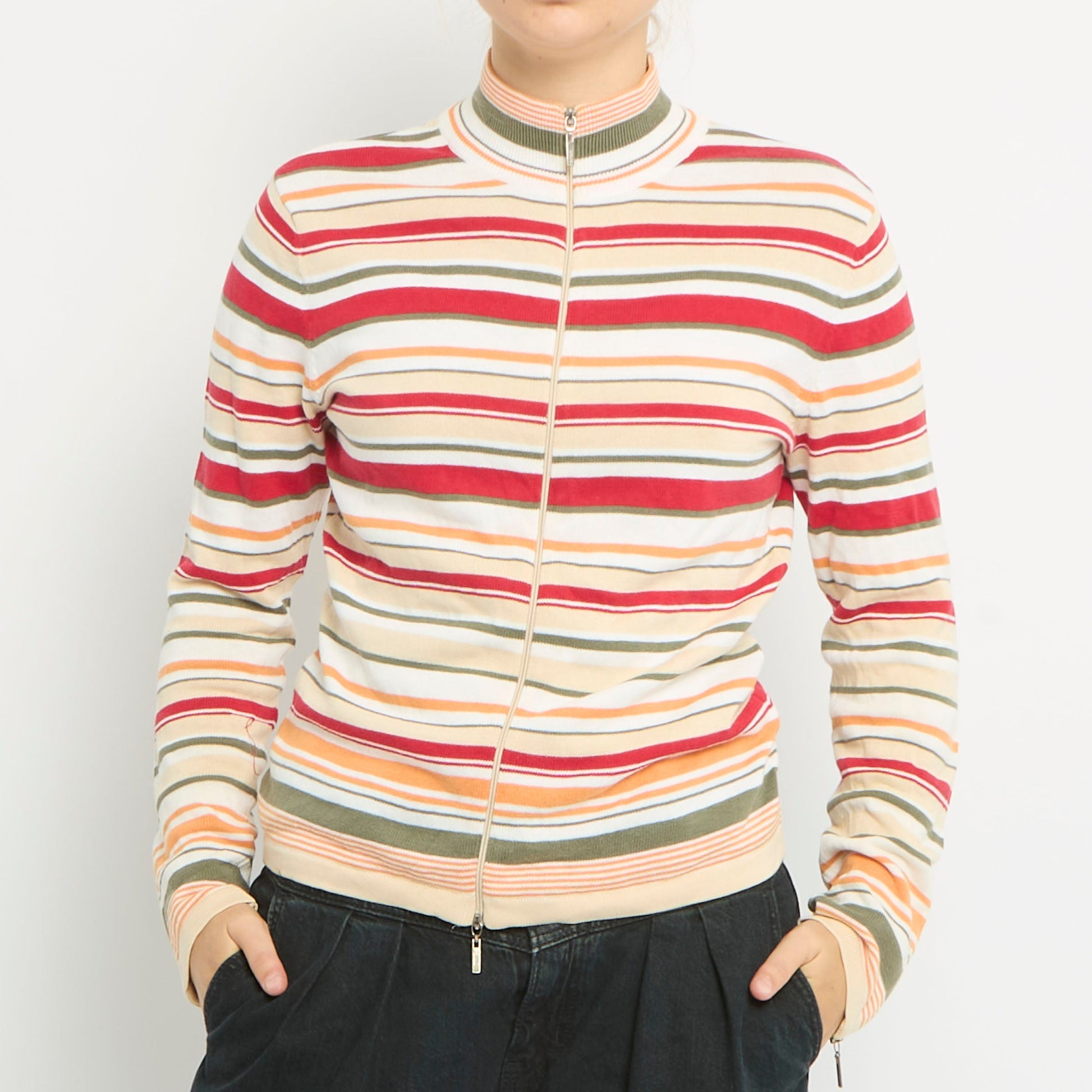 Duo Zip Polo Neck Striped Sweater- UK 8