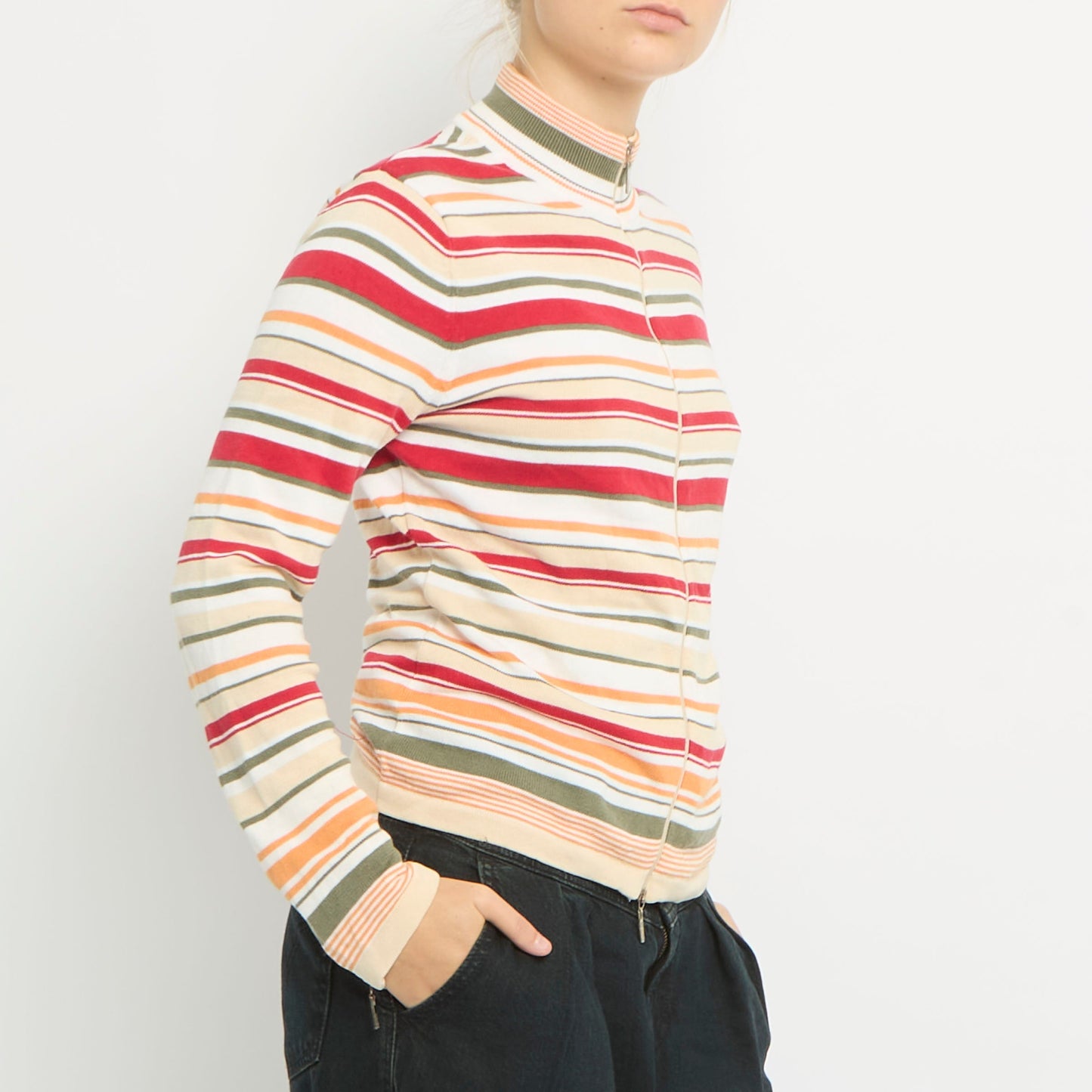 Duo Zip Polo Neck Striped Sweater- UK 8