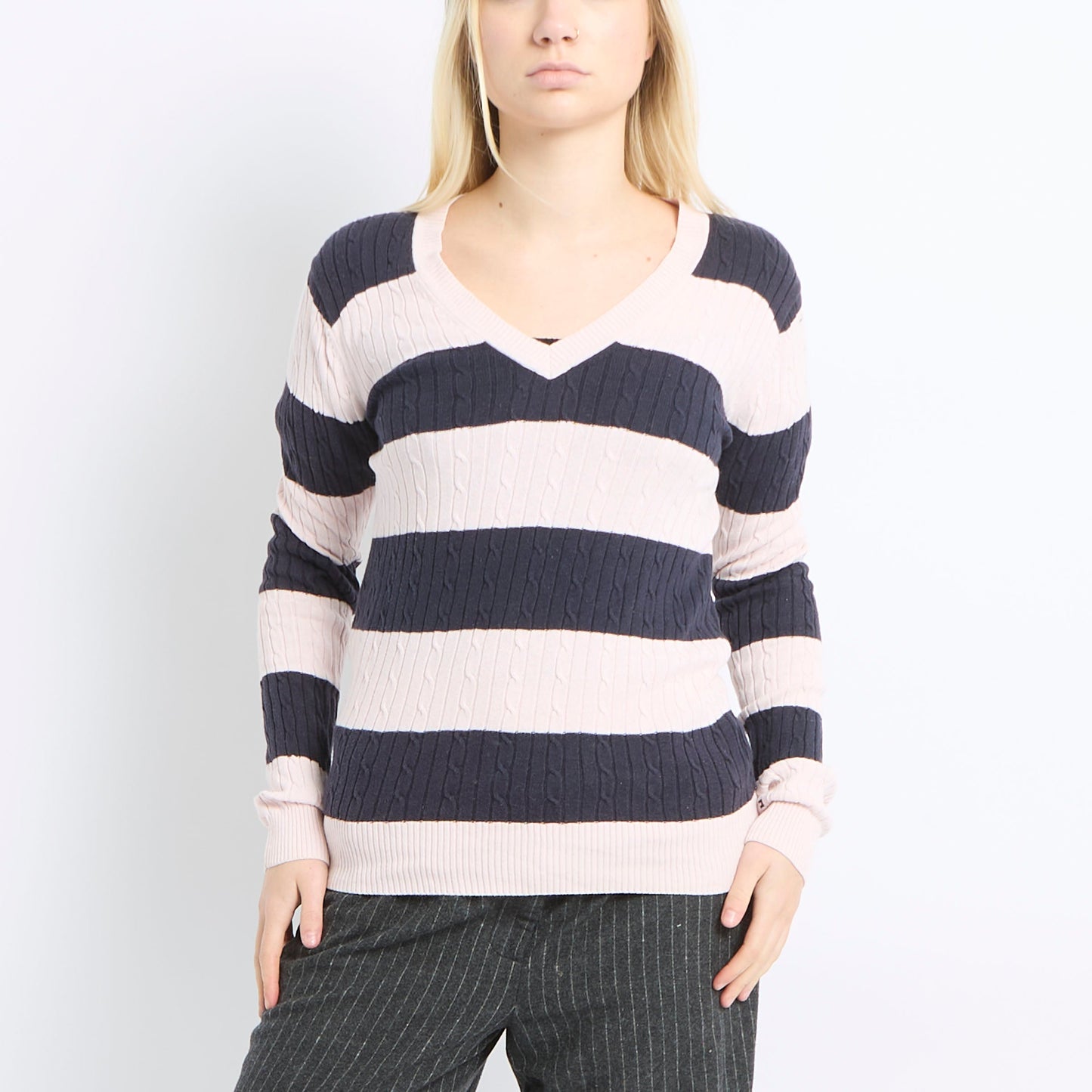 V-Neck Cable Knit Sweater - UK 8