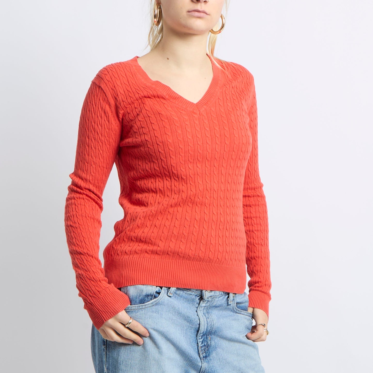 V-Neck Cable Knit Sweater - UK 8