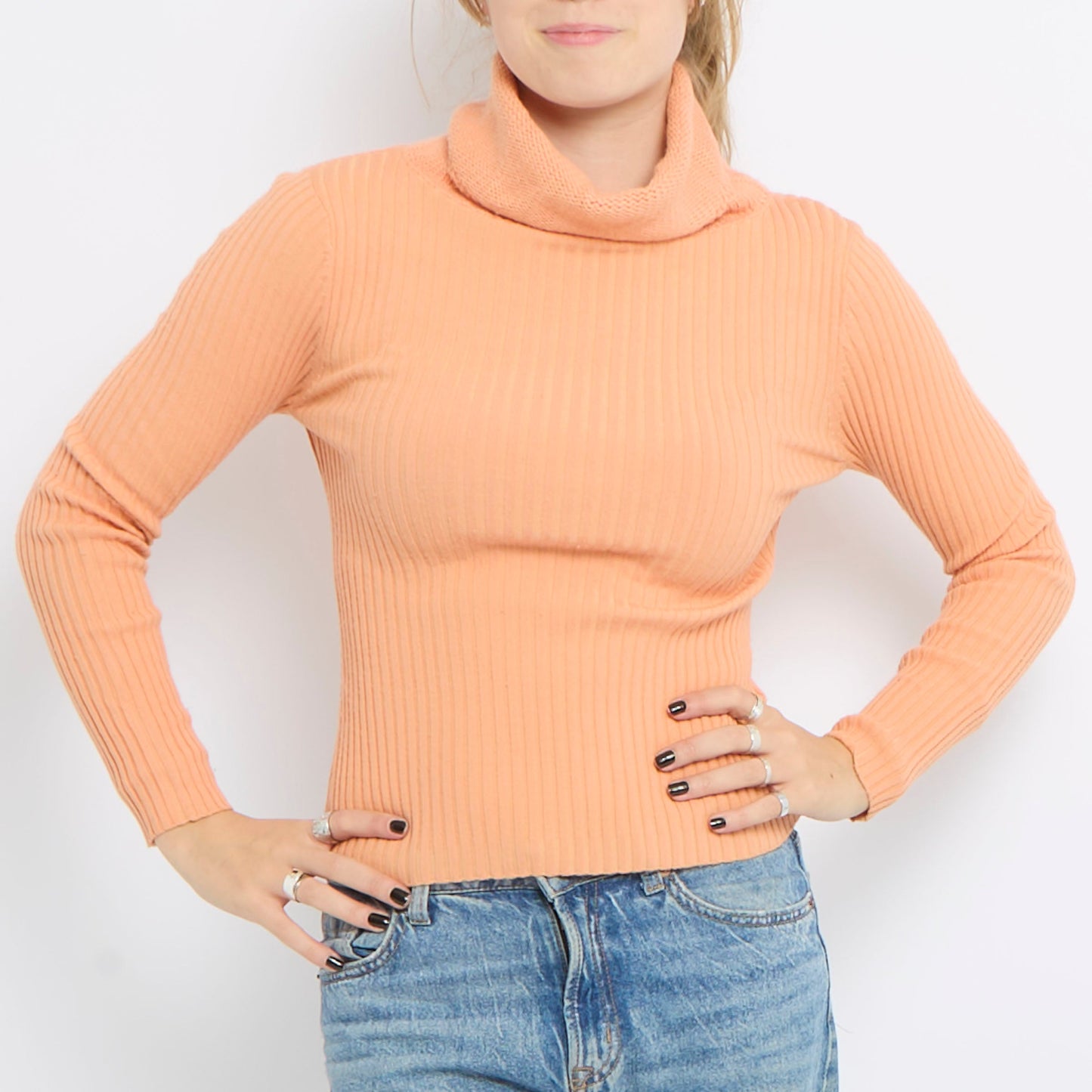 Ribbed Turtle Neck Long Sleeve Knitted Top - UK 8