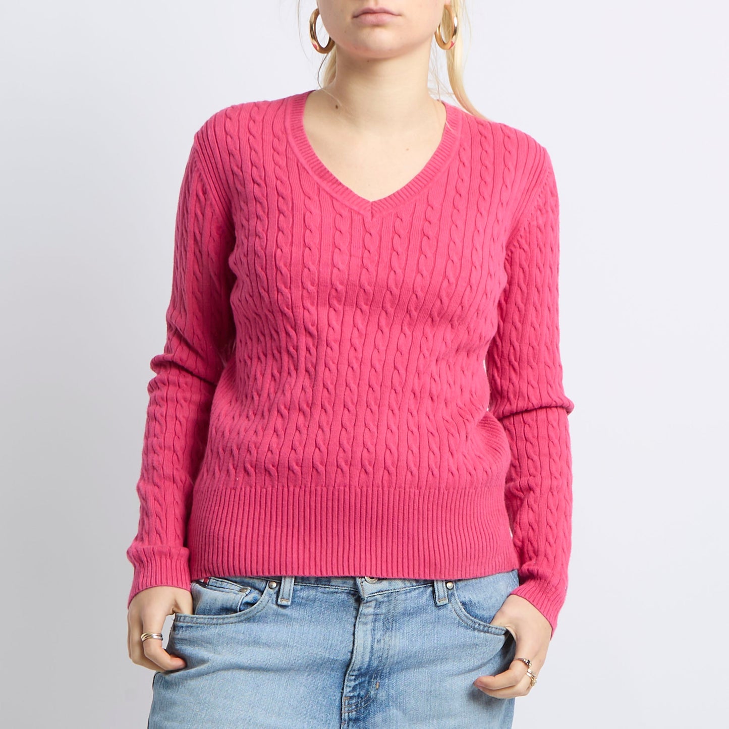 Cable Knit V-Neck Sweatshirt - UK 8