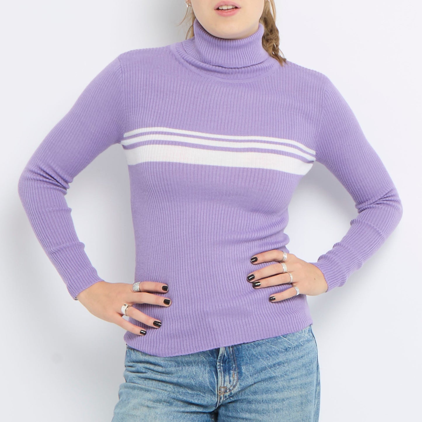 Ribbed Turtle Neck Long Sleeve Knitted Top - UK 8